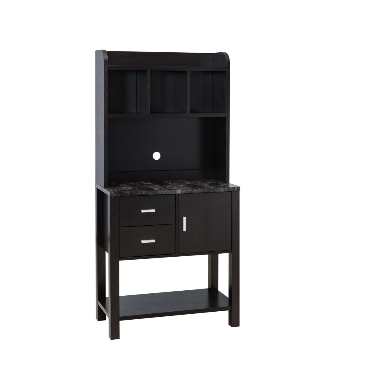 Saltoro Sherpi Kimi 70 Inch Modern Bakers Cabinet, Faux Marble Top, 2 Drawer, Brown, Black-