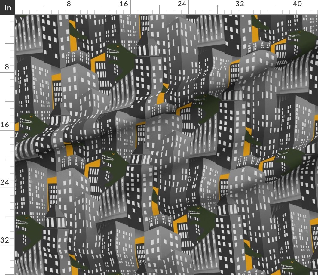 Sci Fi Fantasy Science Fiction Bold Geometric Retro Style Grey Skyline Skyscraper Lizard Custom Printed Fabric by Spoonflower Various Fabrics by the Yard or Fat Quarter