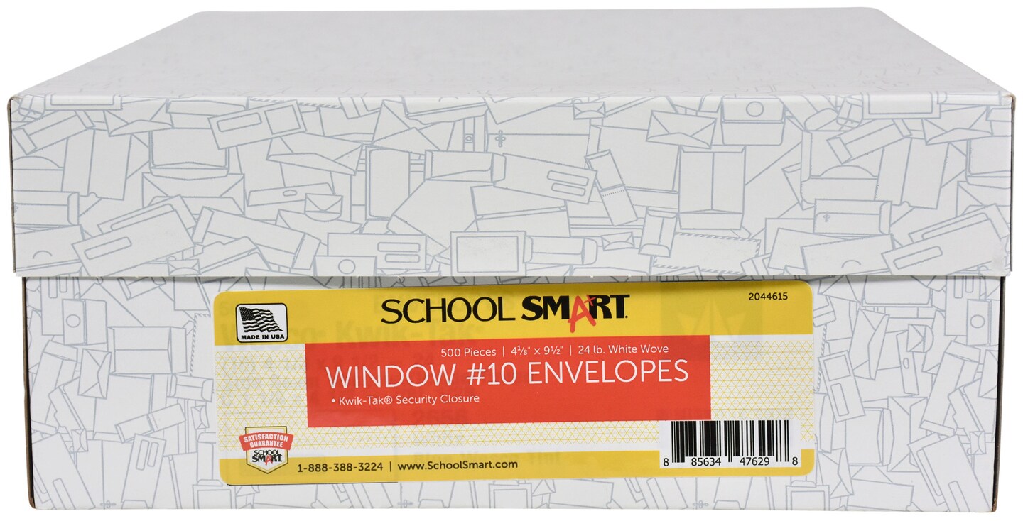 School Smart Kwik-Tak Security Window Envelope, No. 10, White, Box of 500