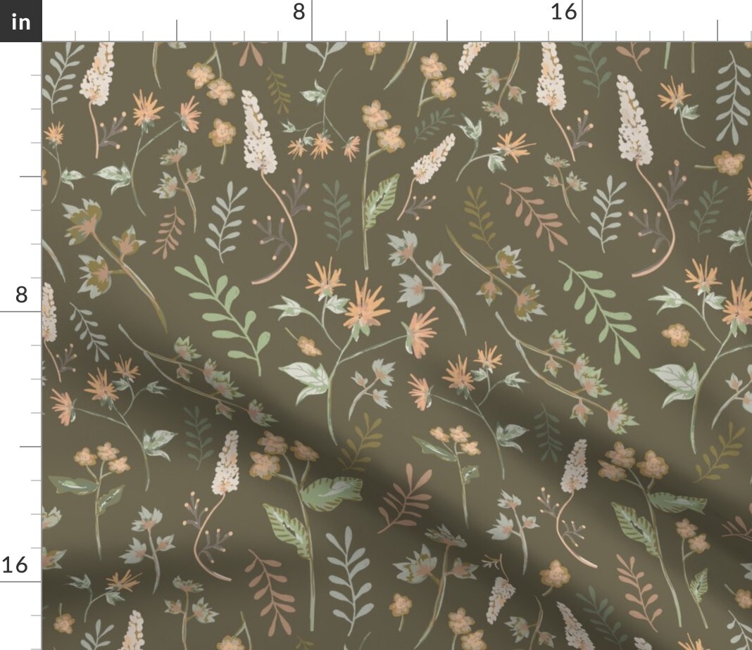 Floral Brown Green Coral Spring Wildflowers Botanical Custom Printed Fabric by Spoonflower Various Fabrics by the Yard or Fat Quarter
