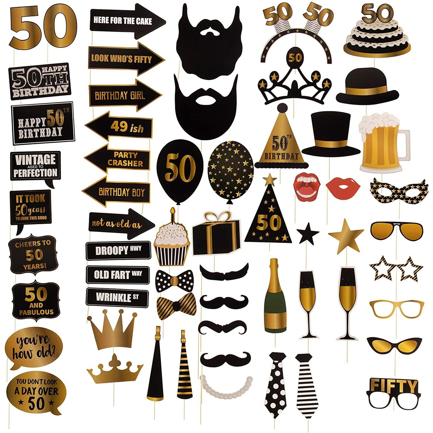 50th Birthday Photo Booth Props - 60-Pack Birthday Party Supplies, Selfie Props, Party Favors for Cocktail Parties, Black and Gold