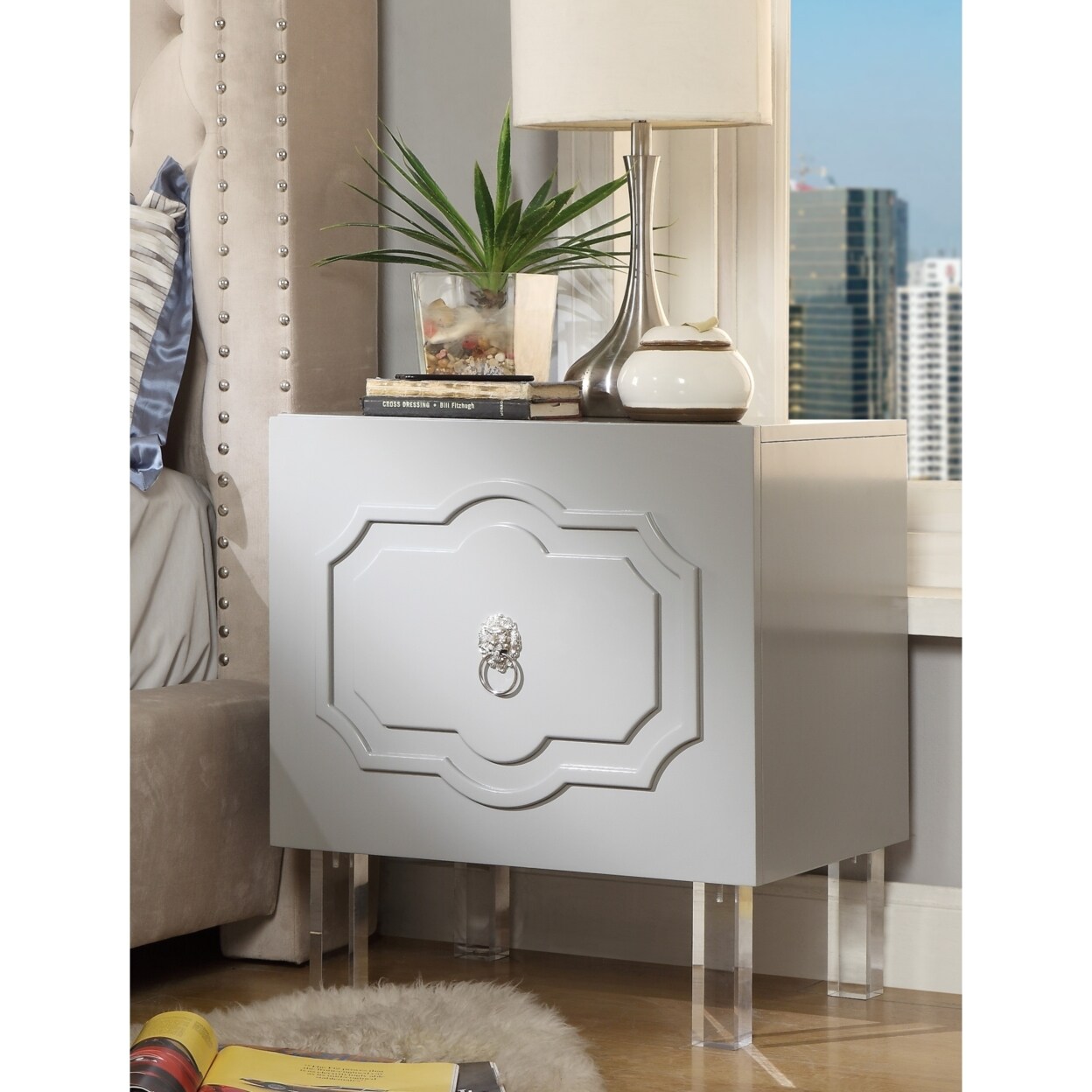 Inspired Home Anastasia Glossy Nightstand-Lacquer Finish-Side Table-Acrylic Lucite Legs-Modern and Functional by