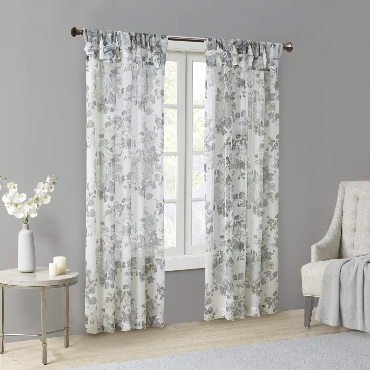 Madison Park   Simone Floral Design Sheer Window Curtain Voile Privacy Drape for Bedroom, Livingroom, 50&#x22; x 95&#x22;, White