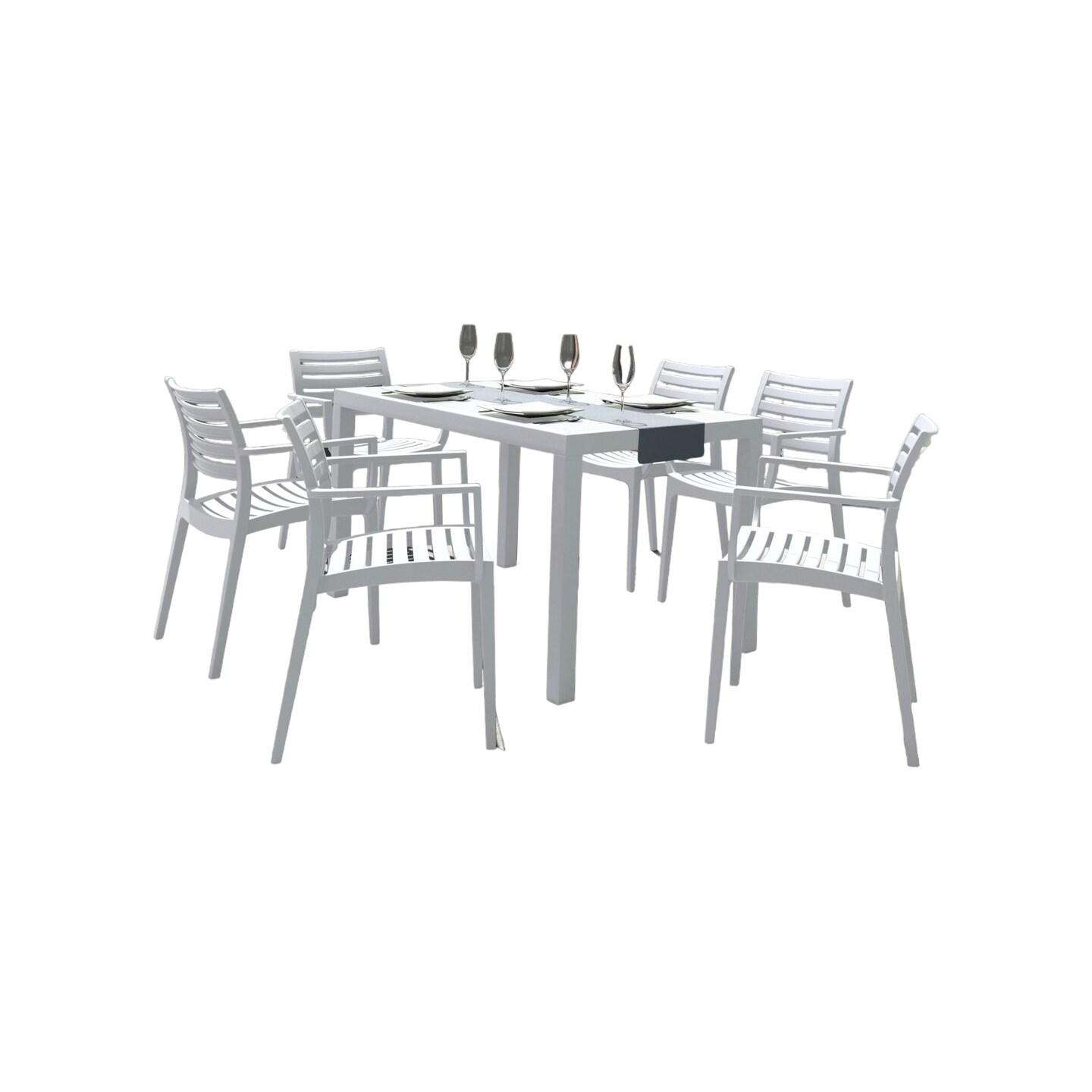 Luxury Commercial Living 7-Piece White Rectangle Patio Dining Set with Arm Chairs 55&#x22;