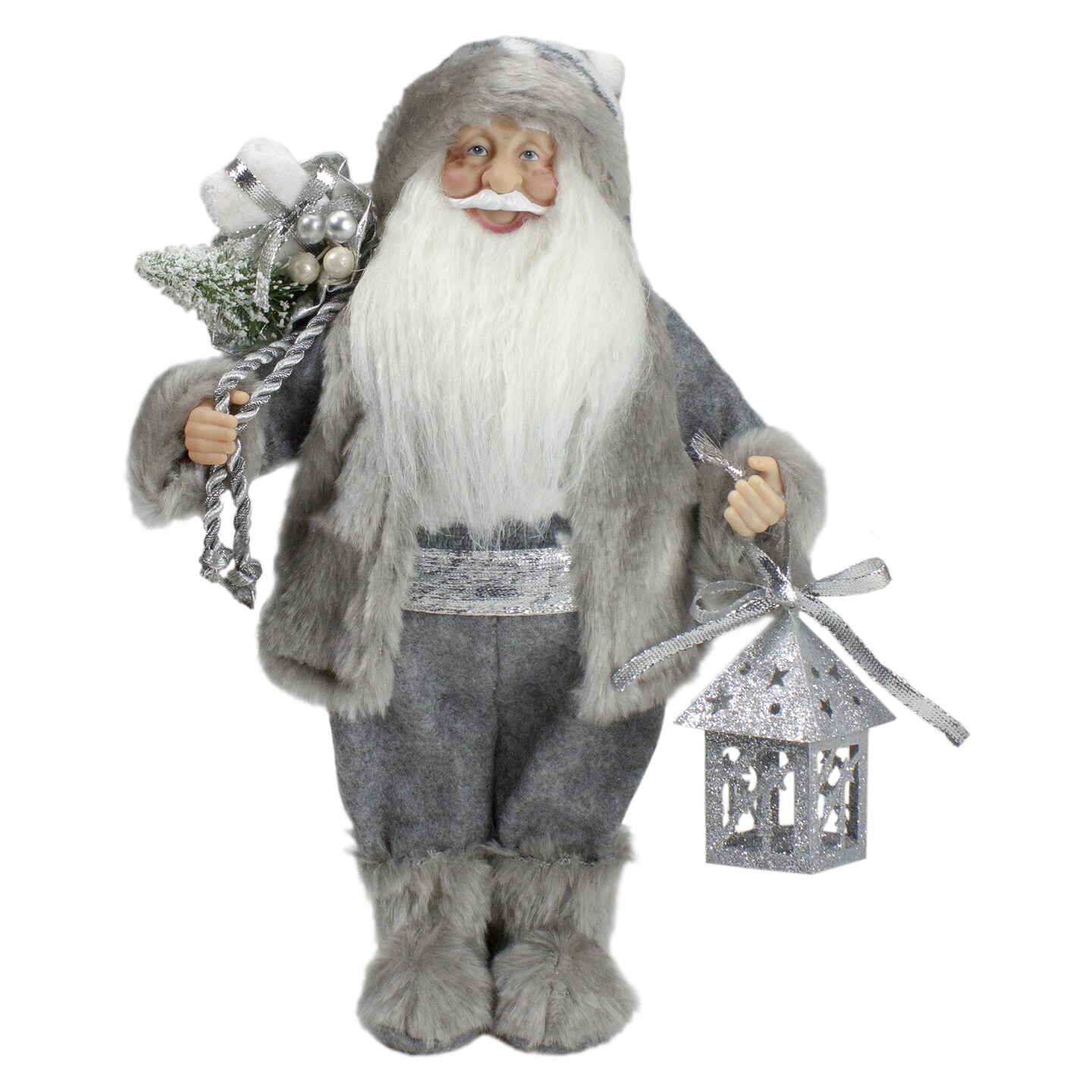 Northlight 12&#x22; Gray and White Standing Santa Claus Christmas Figurine with Bag and Lantern