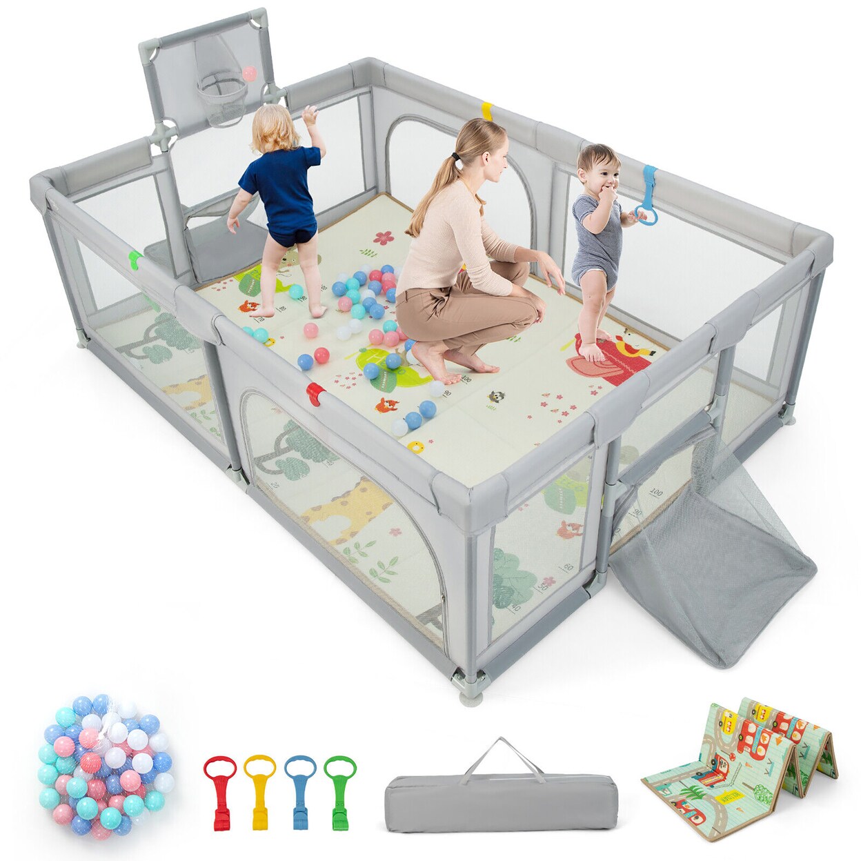 Gymax Baby Playpen Large Safe Play Yard Fun Activity Center with Mat and Soccer Nets