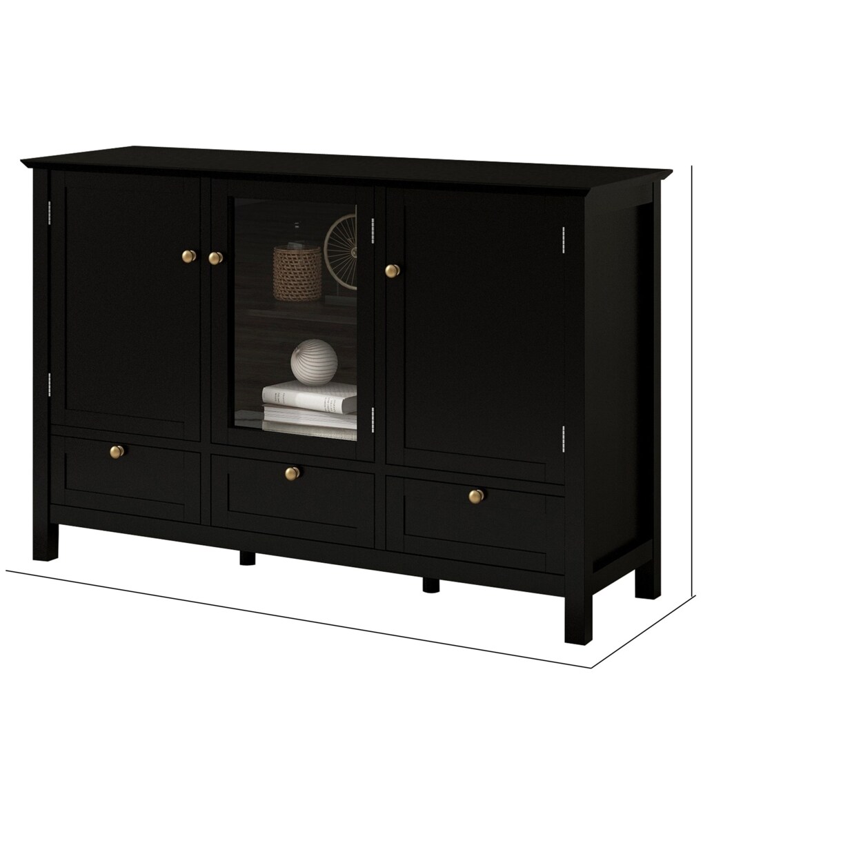 Saltoro Sherpi Miko 45 Inch Wood Accent Cabinet, 3 Doors, 3 Drawers, Vintage Black Finish-