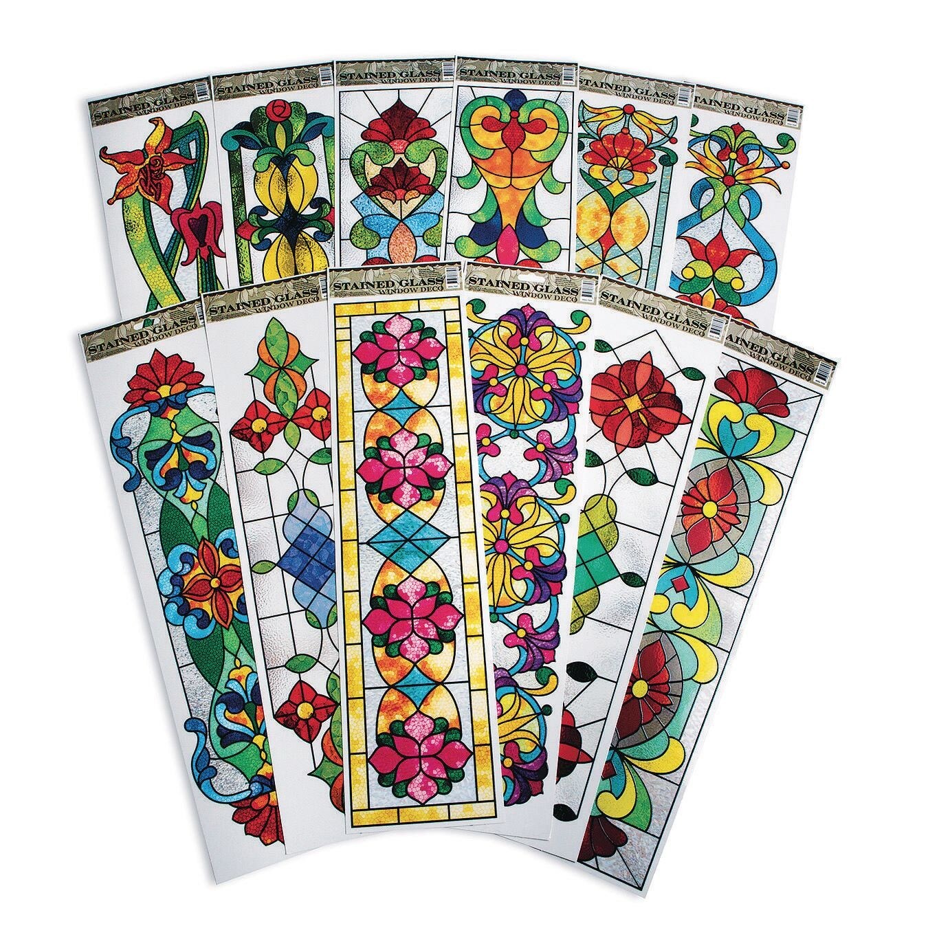 S&S Worldwide Repositionable and Reusable Stained Glass Window Clings- Add Beauty to any Window or Room with 23-1/4" x 6"” Adhesive-Free, Static Cling Decorations, 4 Colorful Designs. Pack of 12.