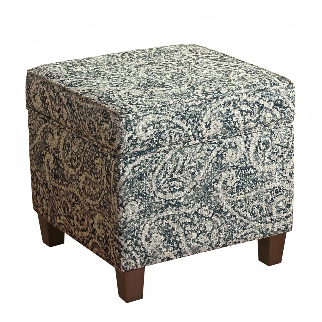 Saltoro Sherpi Paisley Pattern Fabric Upholstered Wooden Ottoman with Lift Off Top, Blue and Gray-