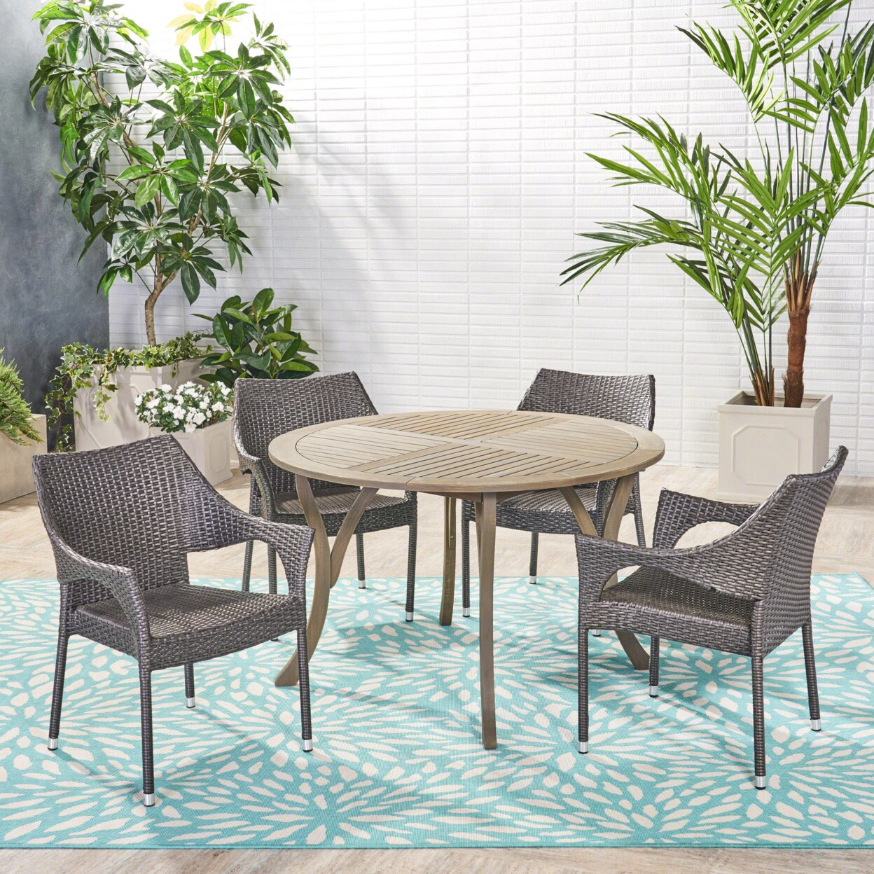 GDFStudio Baish Outdoor 5 Piece Acacia Wood and Wicker Dining Set