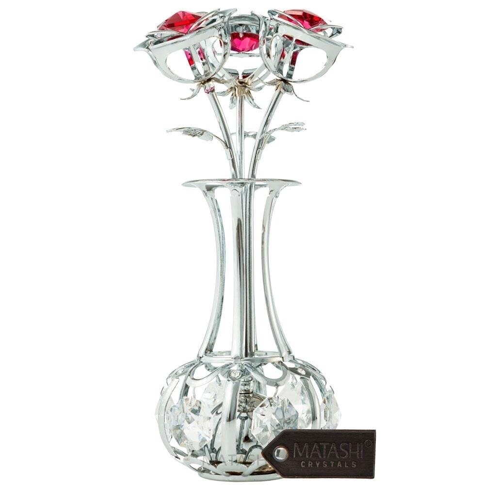 Matashi Chrome Plated Silver Flowers Bouquet And Vase W/ Red And Clear Crystals Chrome-Plated Table Top Decorations