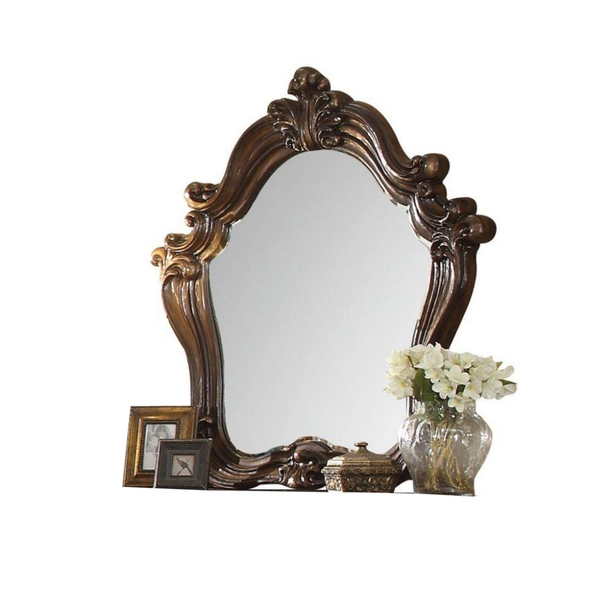 Saltoro Sherpi Scroll and Molded Wooden Mirror with Carved Details, Cherry Brown-