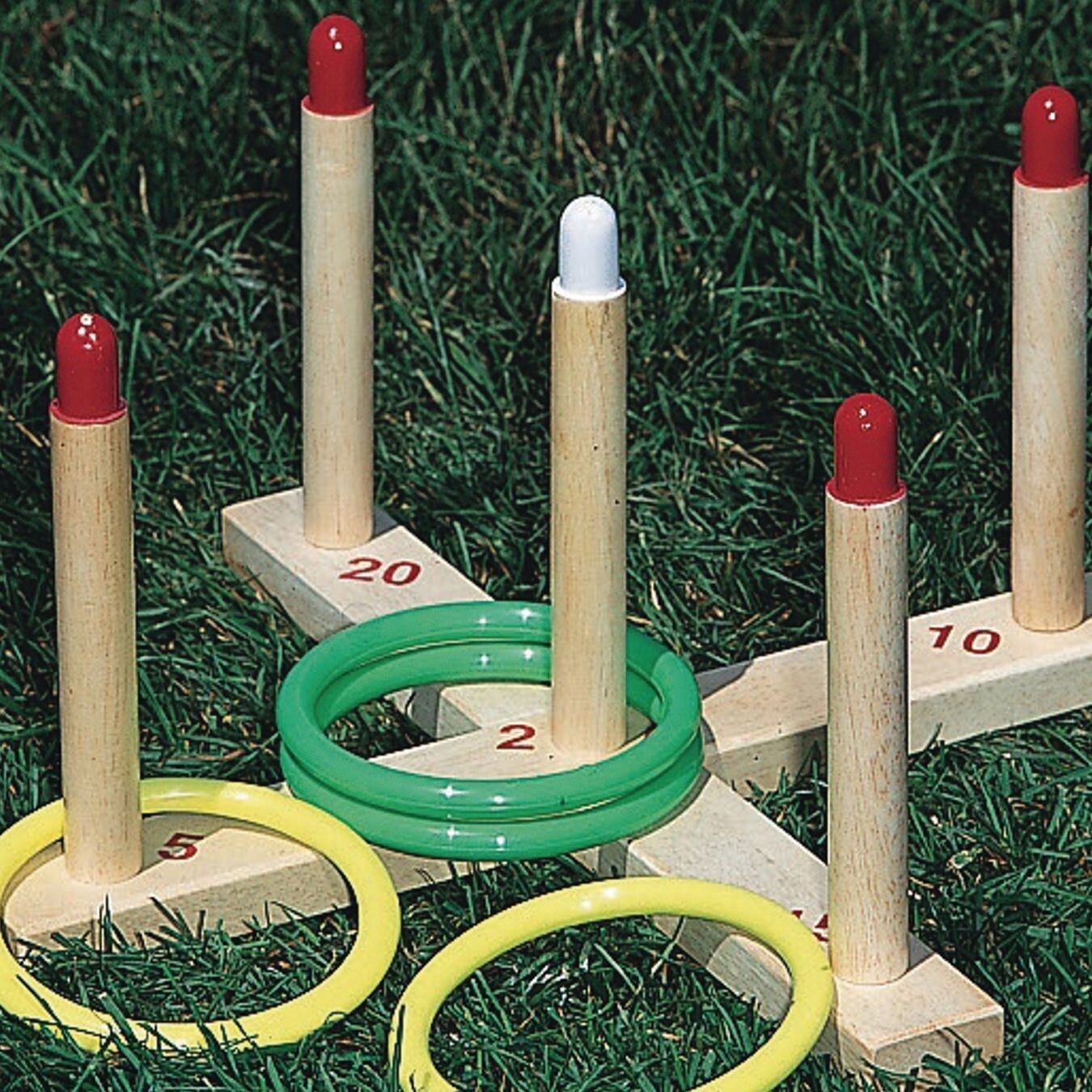 S&#x26;S Worldwide Wooden Ring Toss Set. 17&#x22; x 2-1/2&#x22; Cross Bar Design with 5 Color Scoring Pegs and Four 5/8&#x22; Thick Plastic Rings.