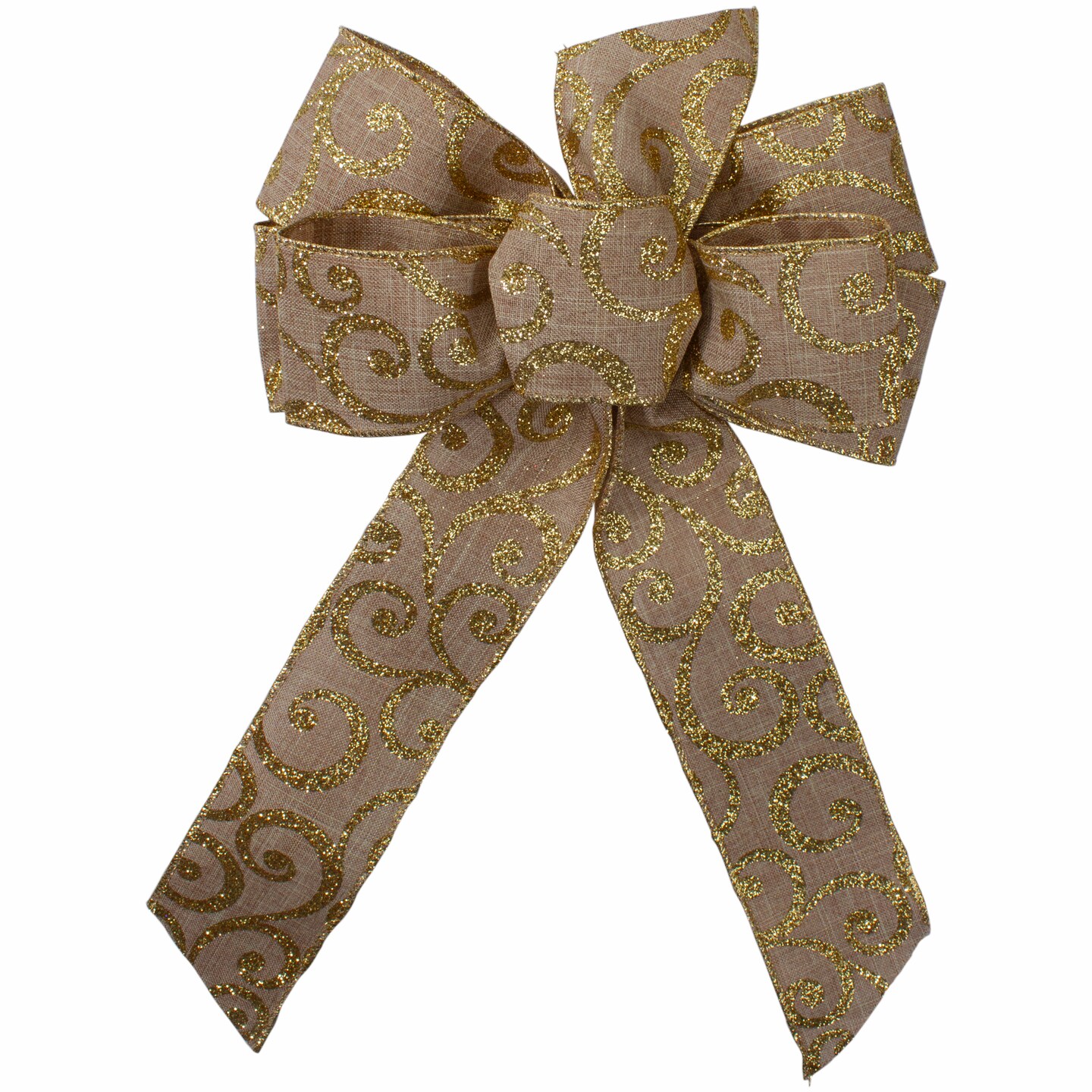 Northlight Burlap Glitter Scroll 6-Loop Christmas Bow Decoration - 9" x 14" - Brown and Gold