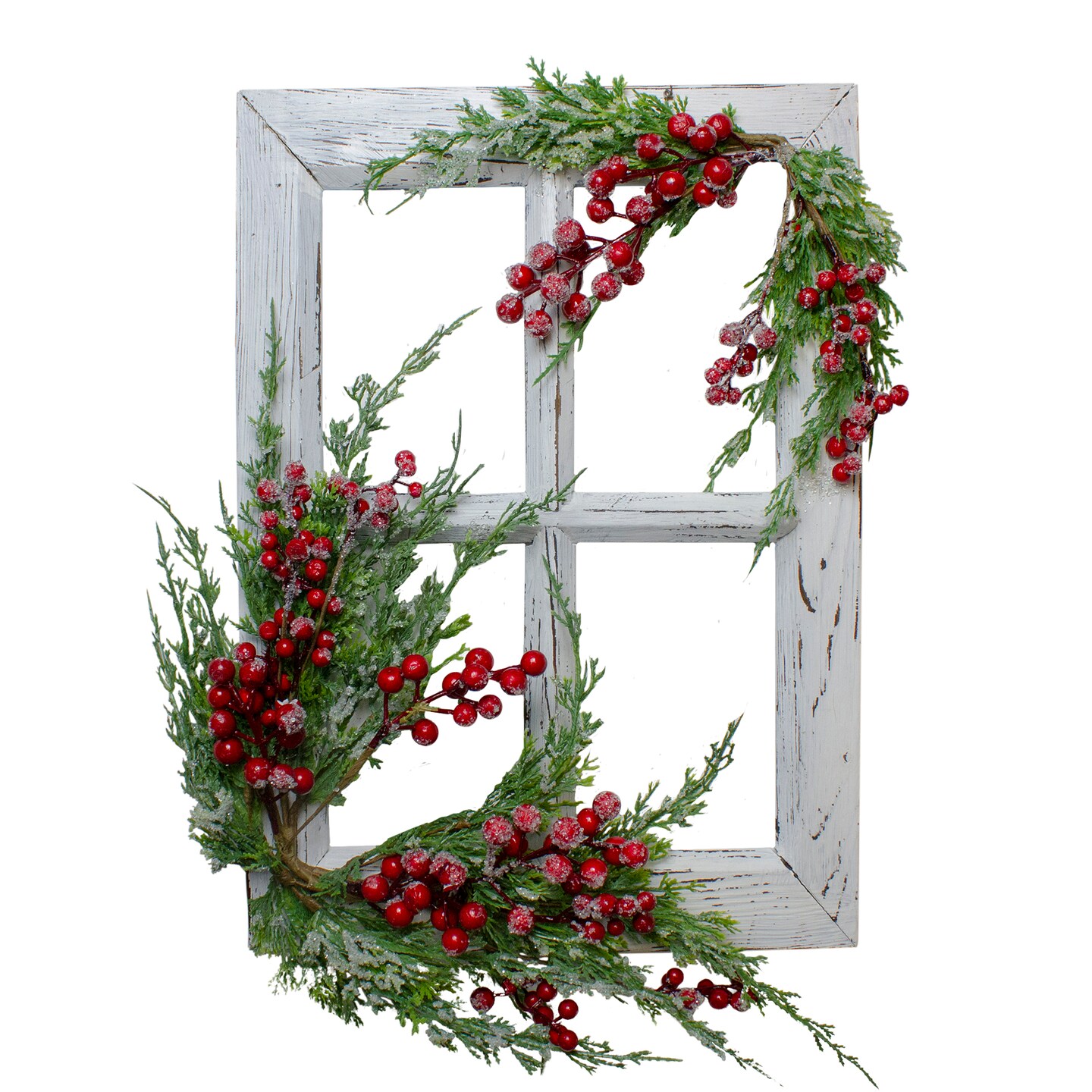Northlight 24&#x22; White Washed Window with Frosted Berries and Cedar Christmas Wall Decor