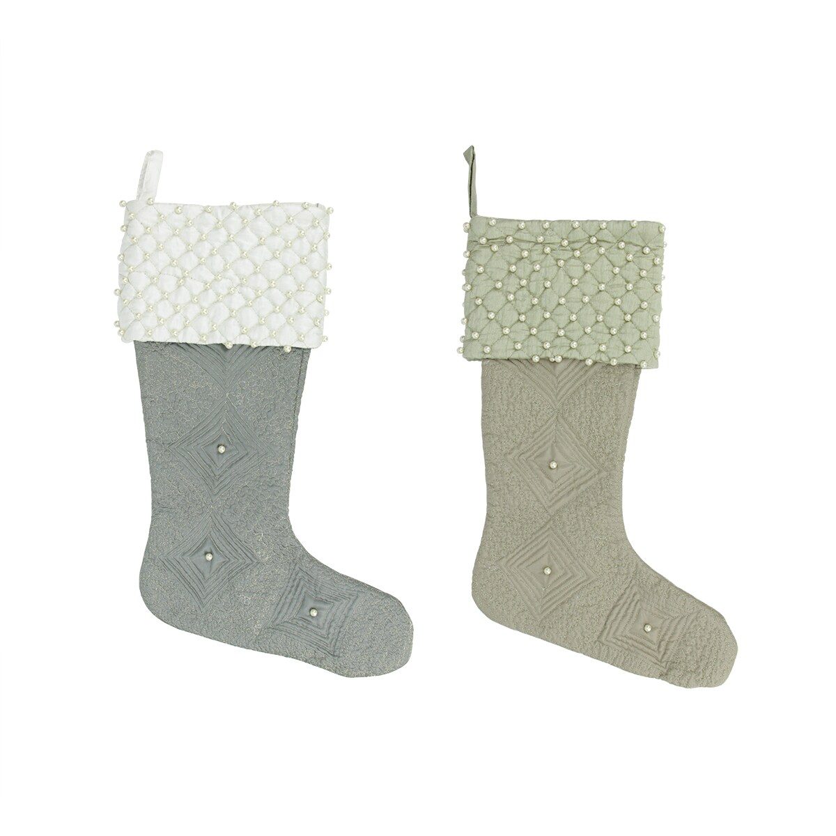 CC Christmas Decor Set of 2 Gray and Brown Quilted Christmas Stockings 18&#x22;