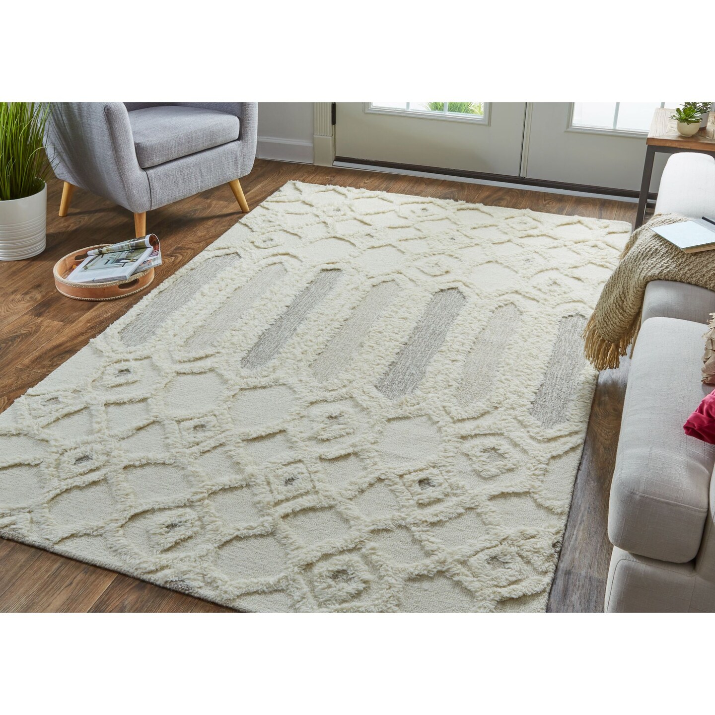 Feizy Home Collection 4' x 6' Ivory and Gray Geometric Hand Tufted Rectangular Wool Area Throw Rug
