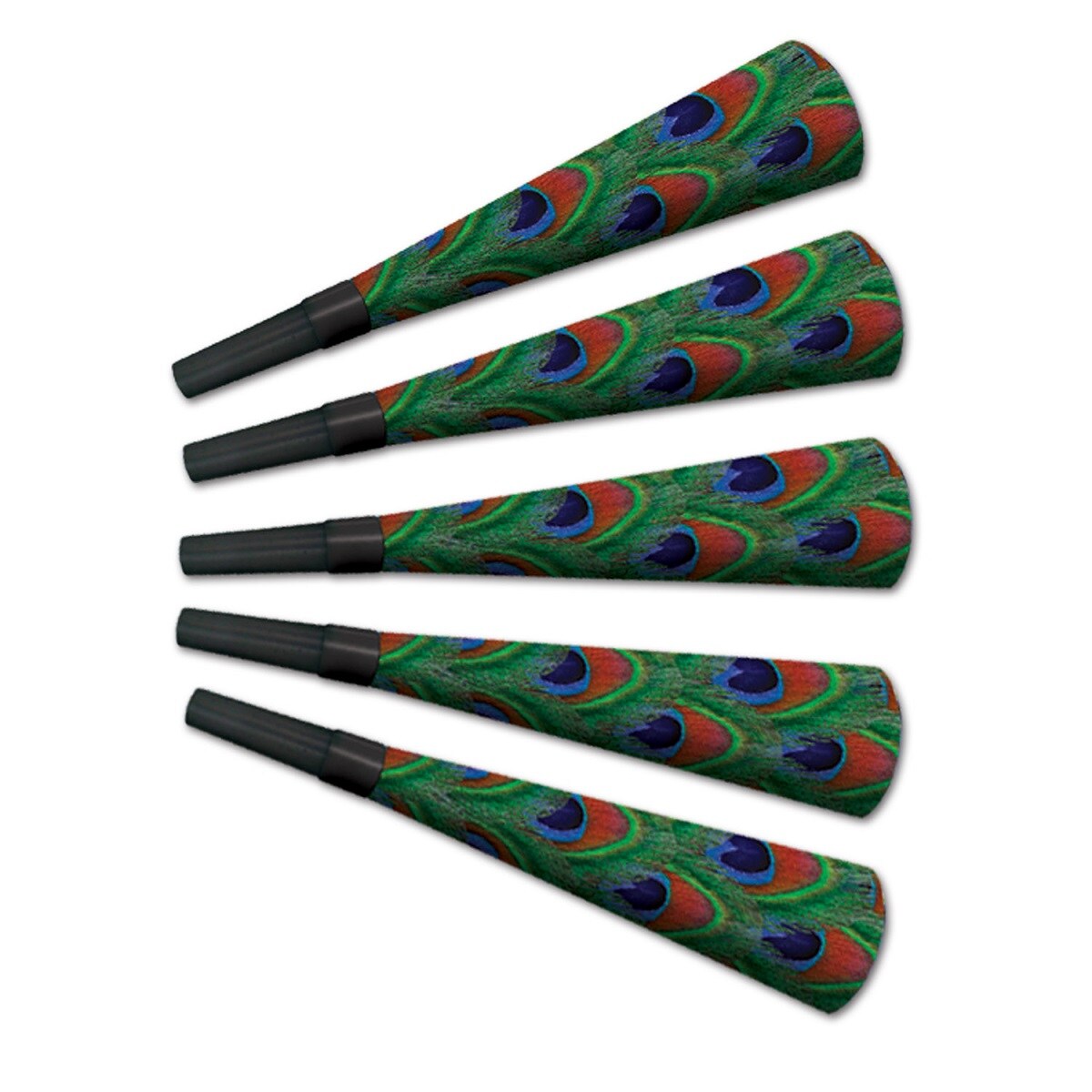 Beistle Club Pack of 100 Peacock Feather Print New Year's Eve Trumpet Horn Party Favors 9"