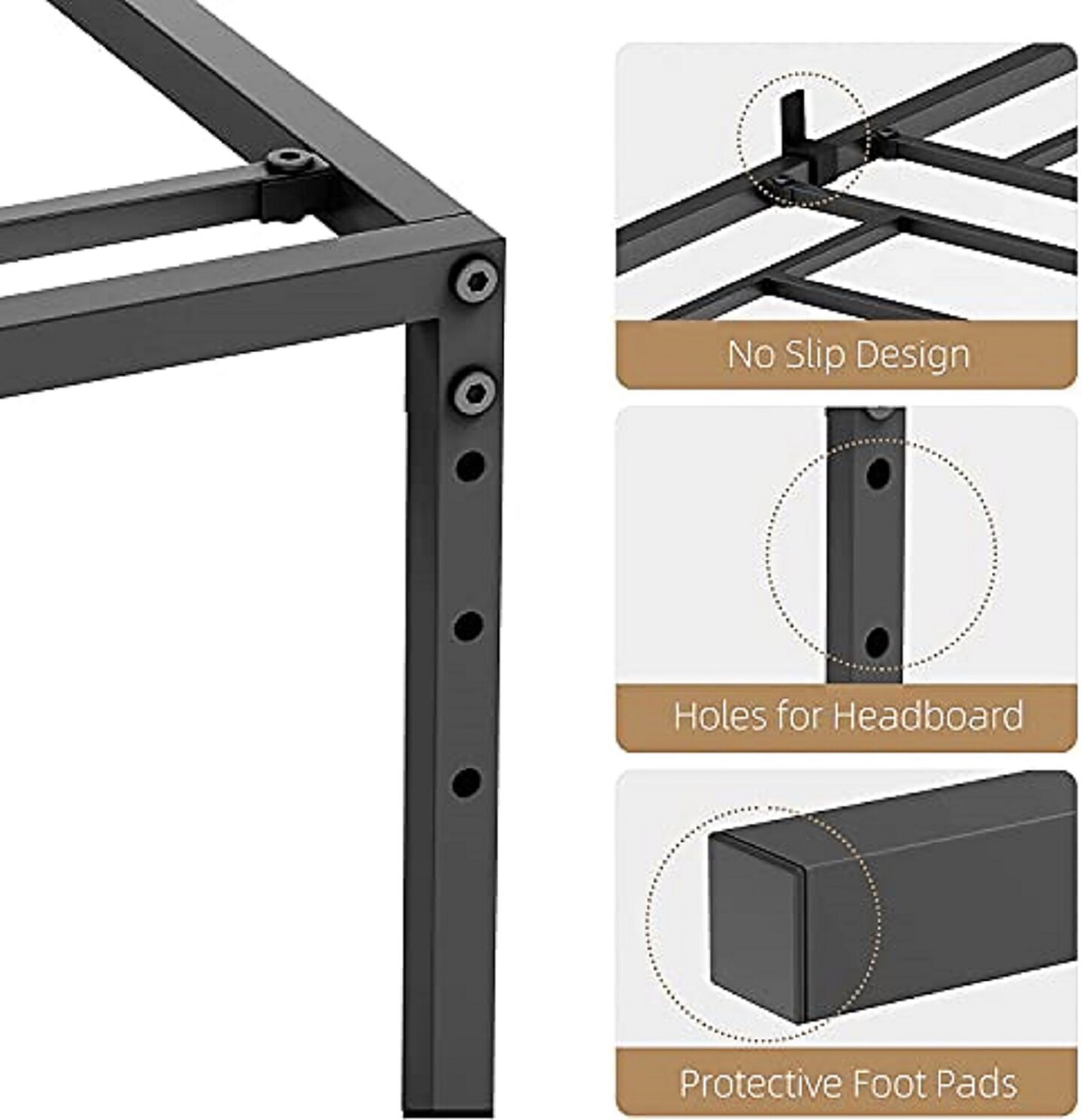 Contemporary Home Living 75&#x22; Black Queen Platform Steel Bed Slats and Mattress Foundation