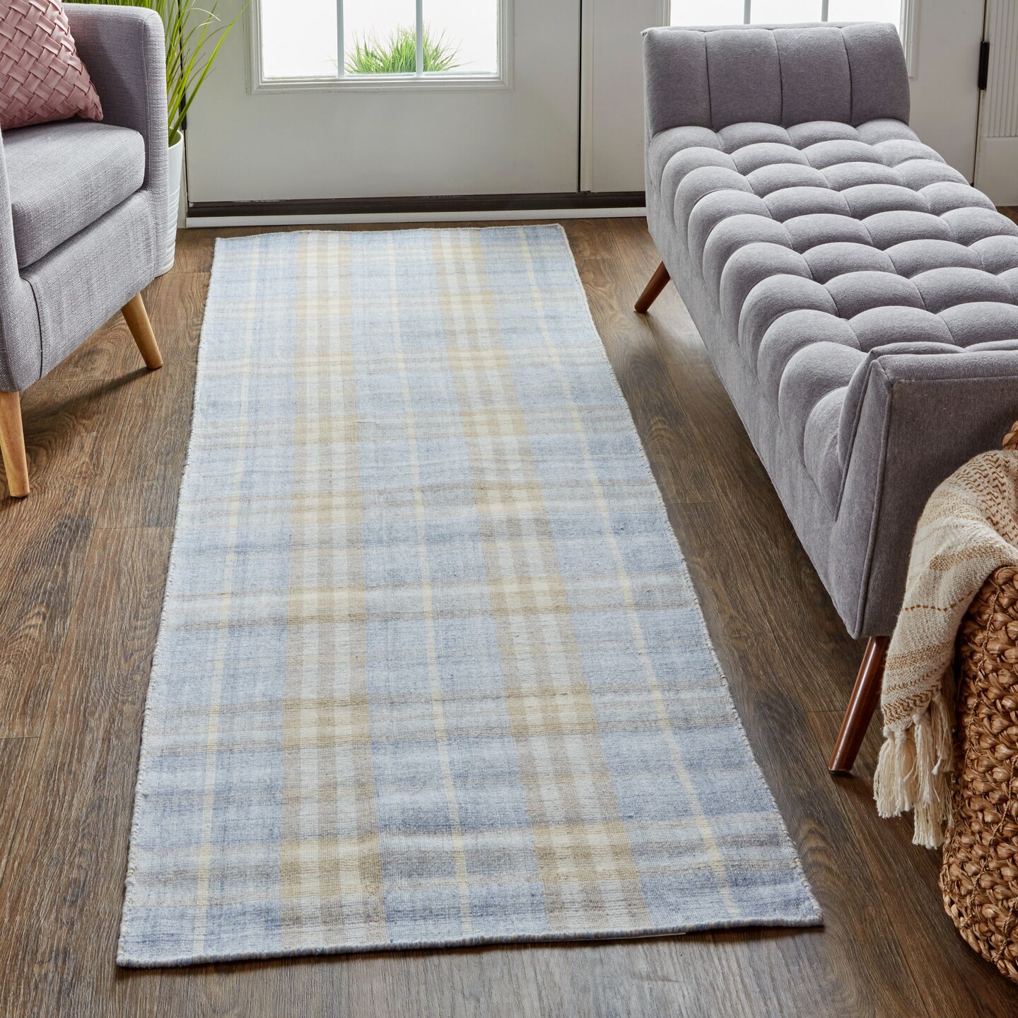 Feizy Home Collection 2.5&#x27; x 8&#x27; Ice Blue and Tan Brown Plaid Rectangular Rug Runner