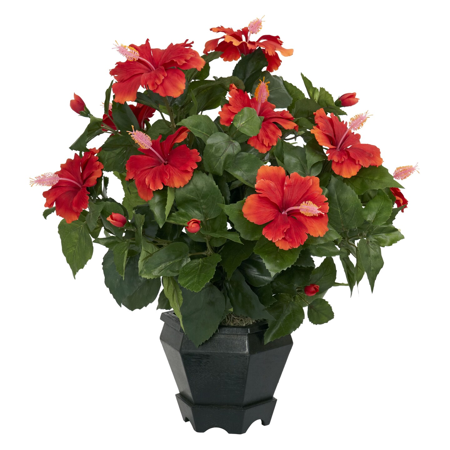 Nearly Natural 1.5&#x27; Artificial Hibiscus Silk Plant with Black Hexagon Vase