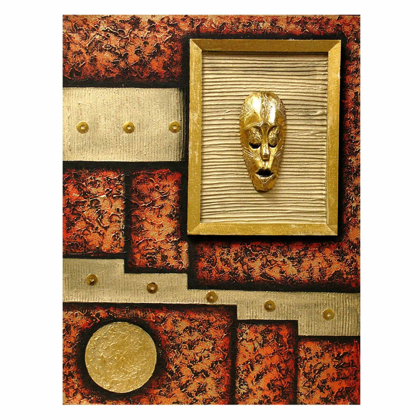 Stoneage Arts Inc Gold and Orange Rectangular 3D Abstract African Mask Wall Art Hanging Tapestry 30" x 24"