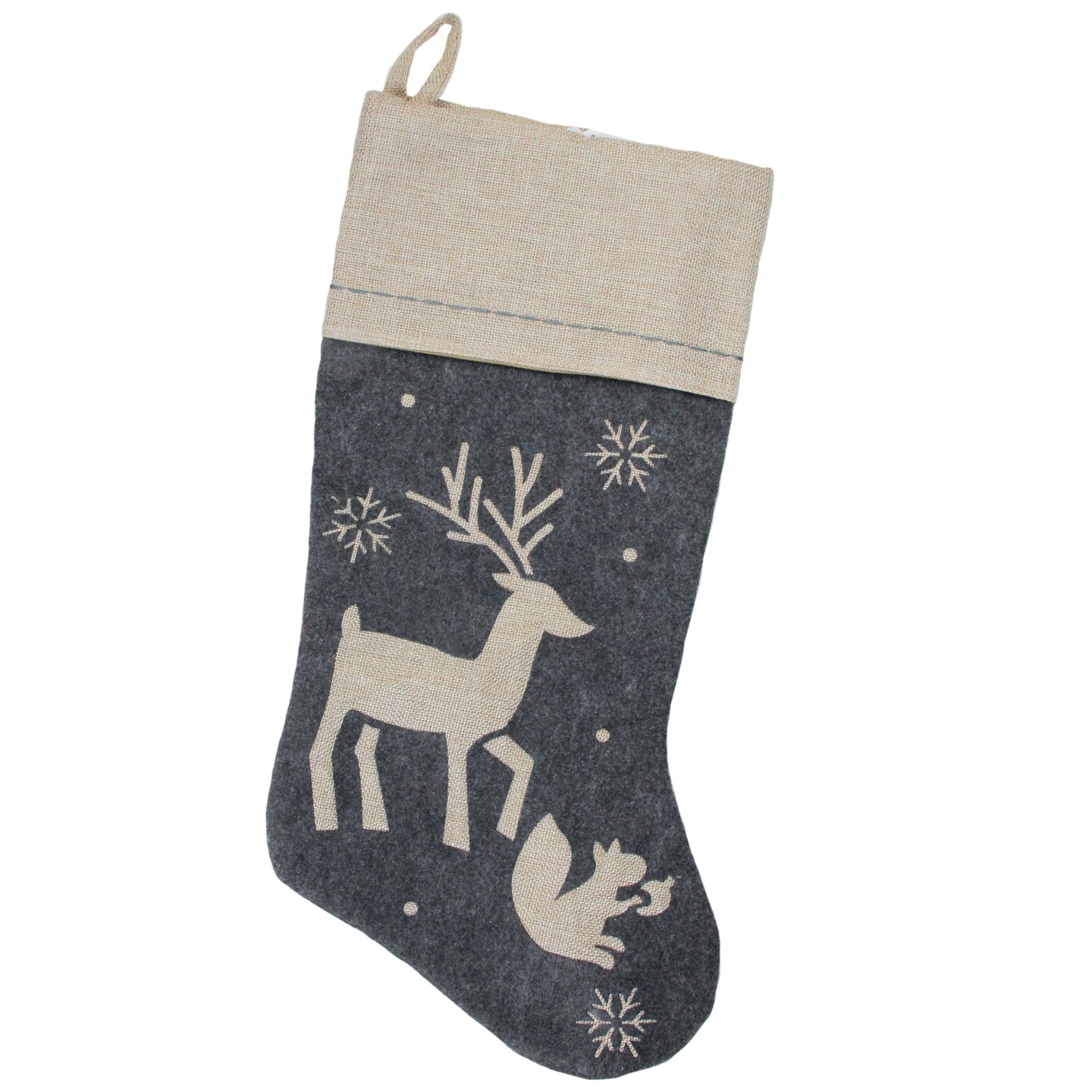 Dyno 20&#x22; Burlap Christmas Stocking with Gray Felt Animal Stencil Design and Burlap Cuff