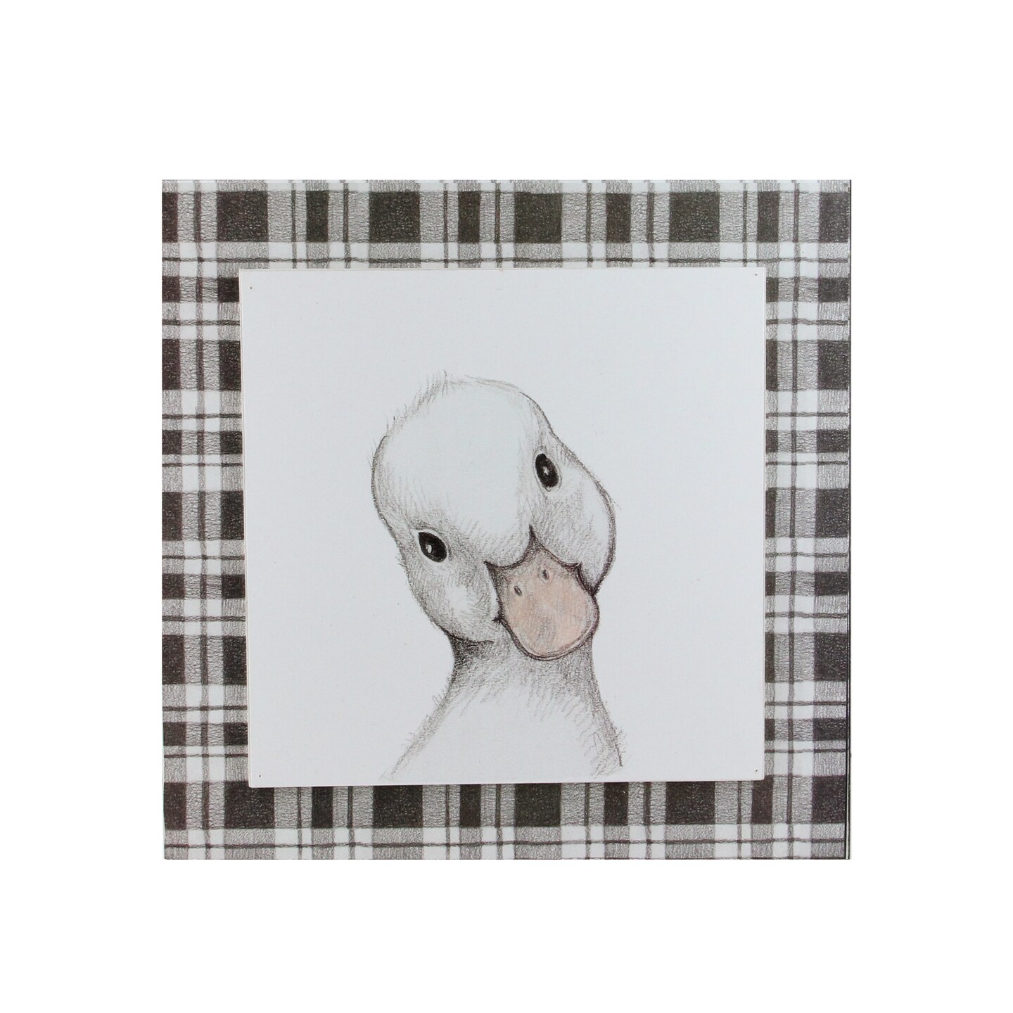 Raz 10&#x22; Decorative Black and White Duckling Drawing on Plaid Wall Art