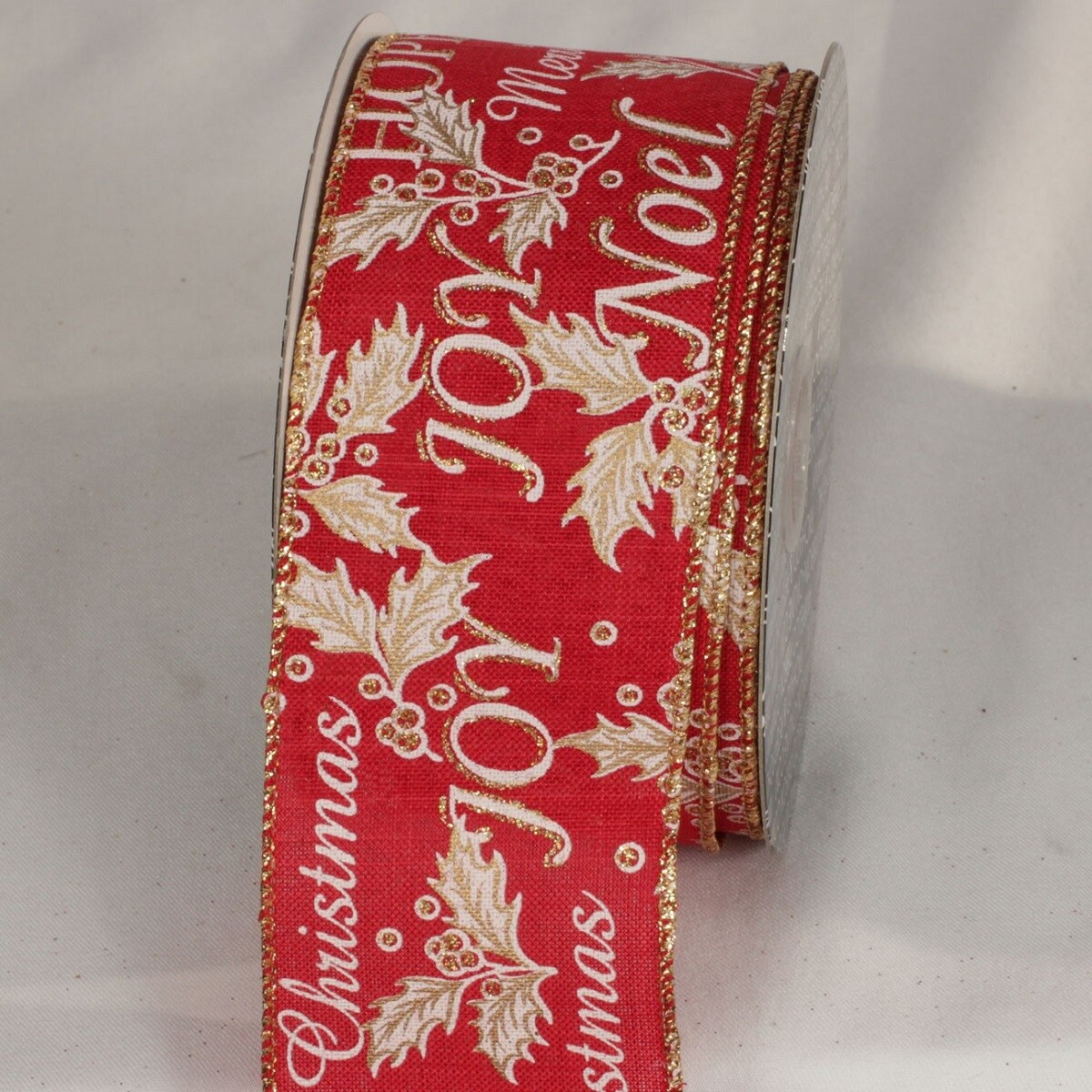 The Ribbon People Red and Gold Joy Print Wired Ribbon 2.5" x 20 Yards