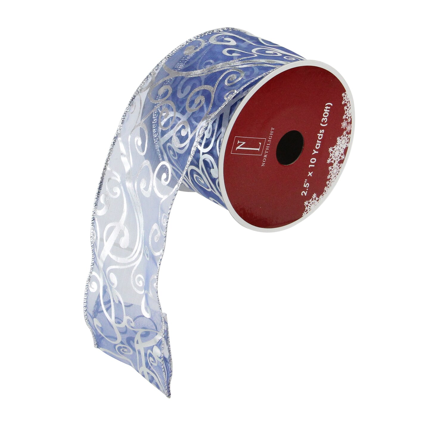 Northlight Blue and Silver Abstract Swirls Christmas Wired Craft Ribbon 2.5&#x22; x 10 Yards