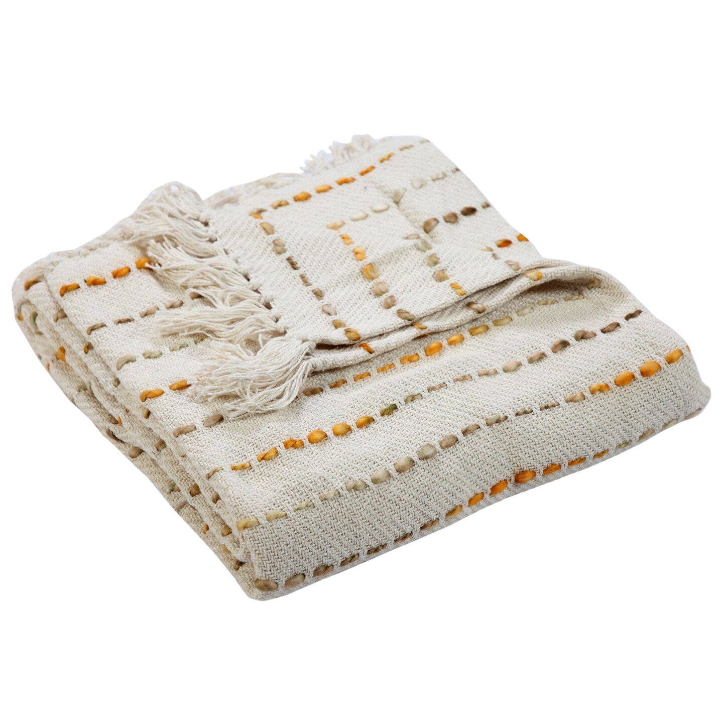 Laddha Home Designs Yellow and White Shimmer Striped Woven Fringed Throw Blanket 50" x 60"