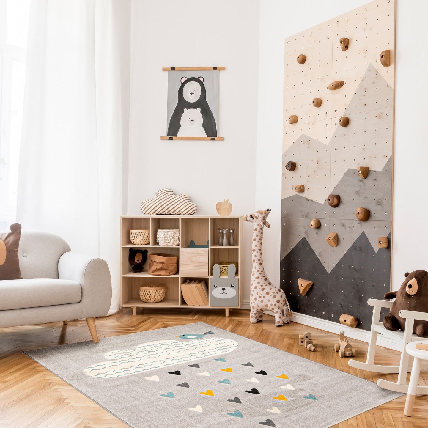 Chaudhary Living 4' x 5.5' Gray and Blue Cloud Print Rectangular Area Throw Rug