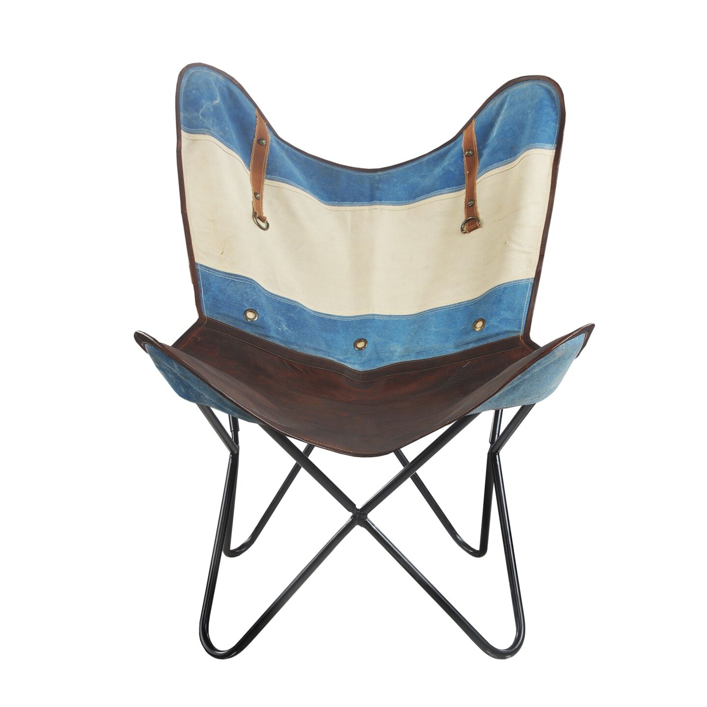 Laddha Home Designs 37&#x22; Blue and Off-White Striped Faux Leather Sling-Style Butterfly Chair