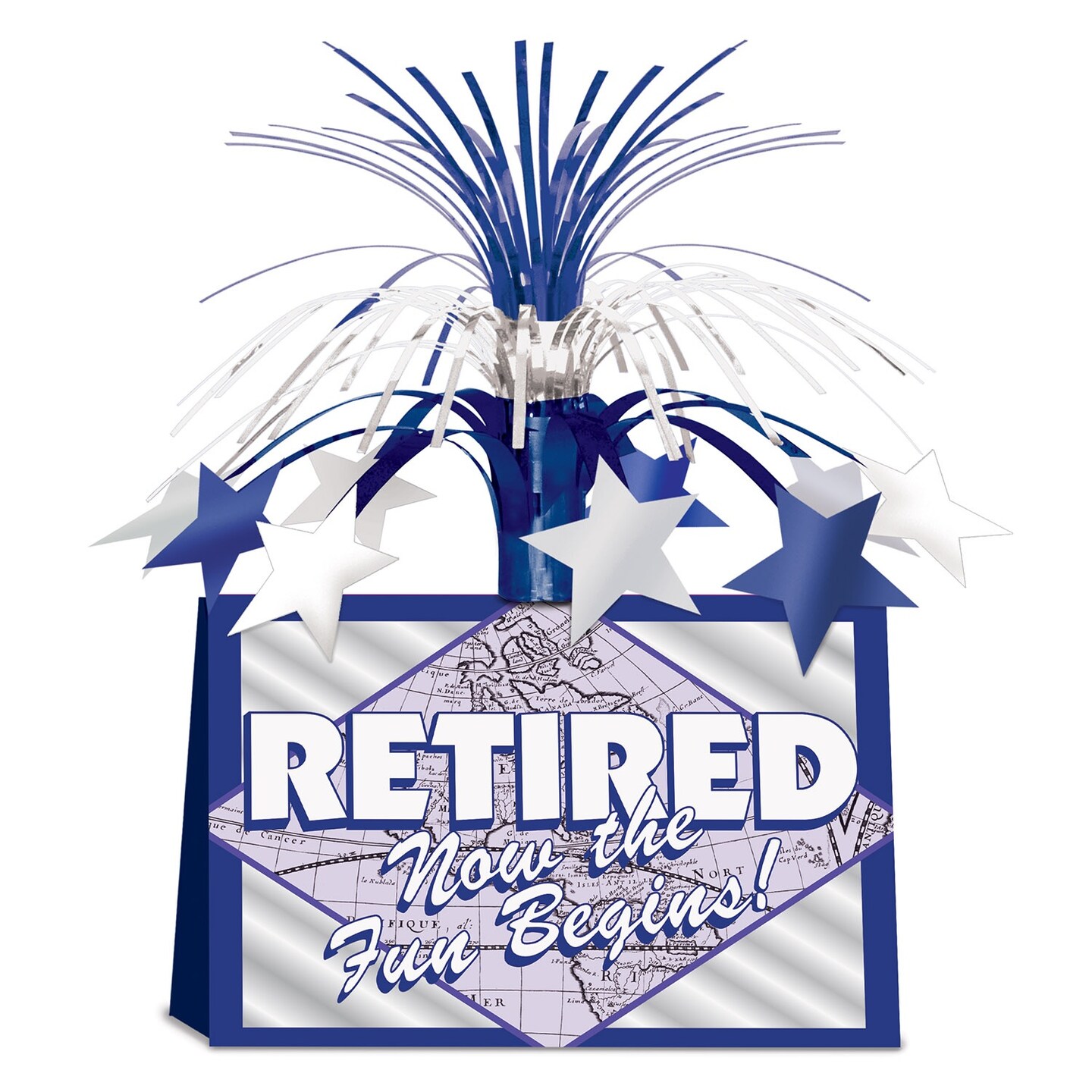 Party Central Club Pack of 12 Blue and White &#x27;Retired Now the Fun Begins&#x27; Table Centerpieces 13&#x22;