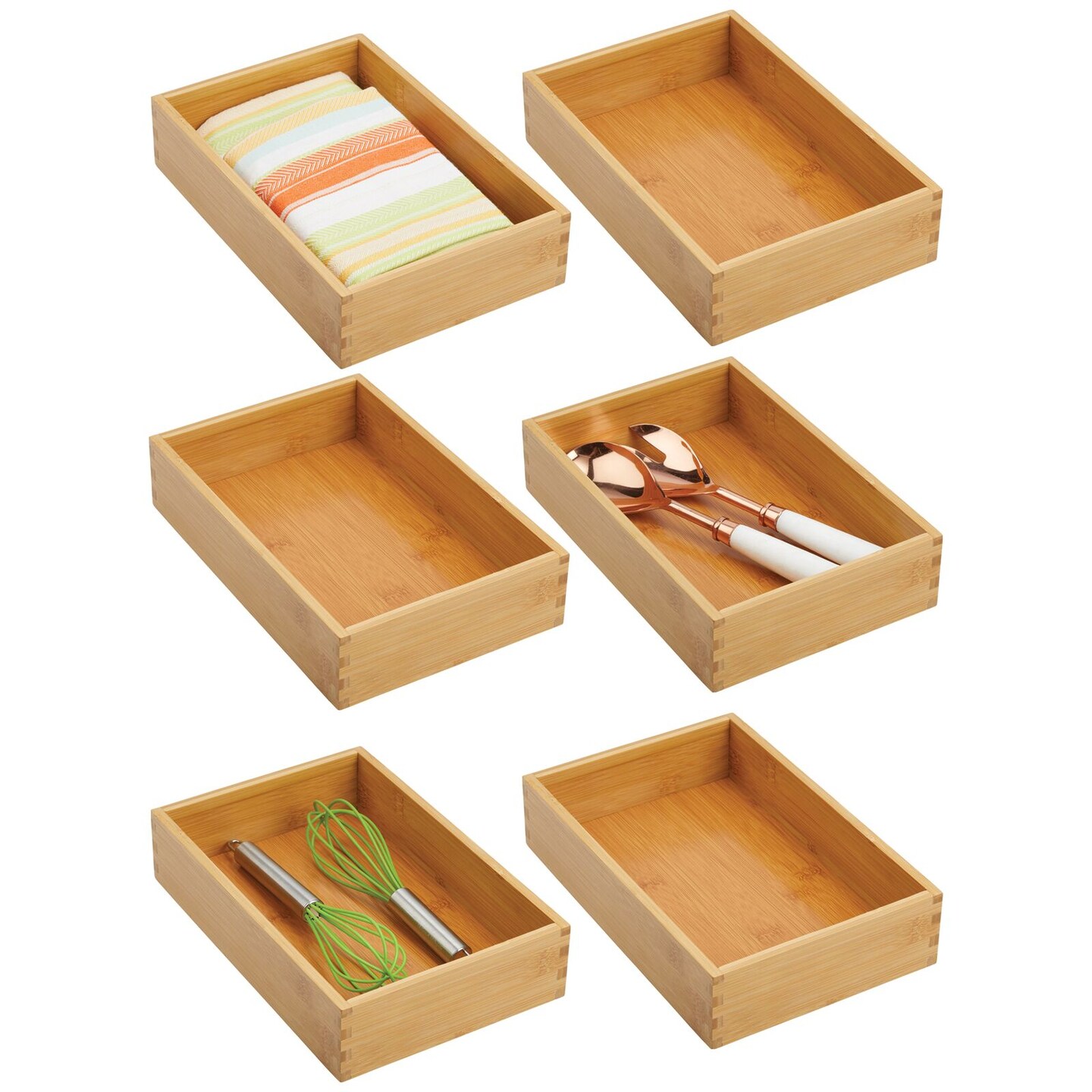 mDesign Bamboo Stackable Kitchen Drawer Organizer Tray, 6 Pack - Natural Wood