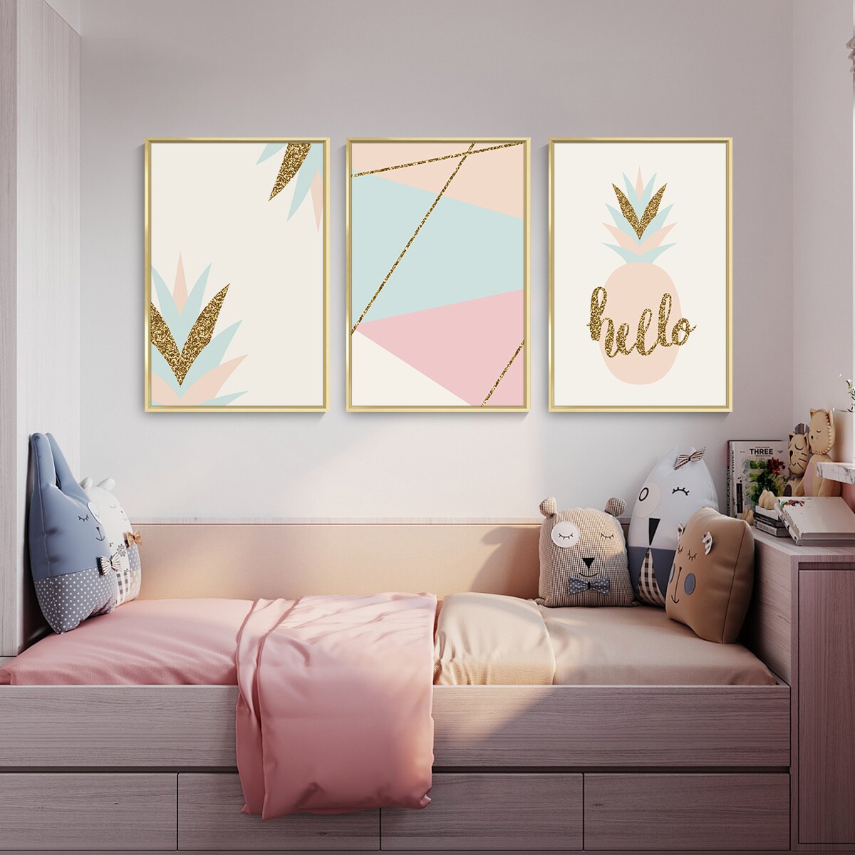 3 Set Framed Canvas Wall Art Oil Paintings - Gold Glitter