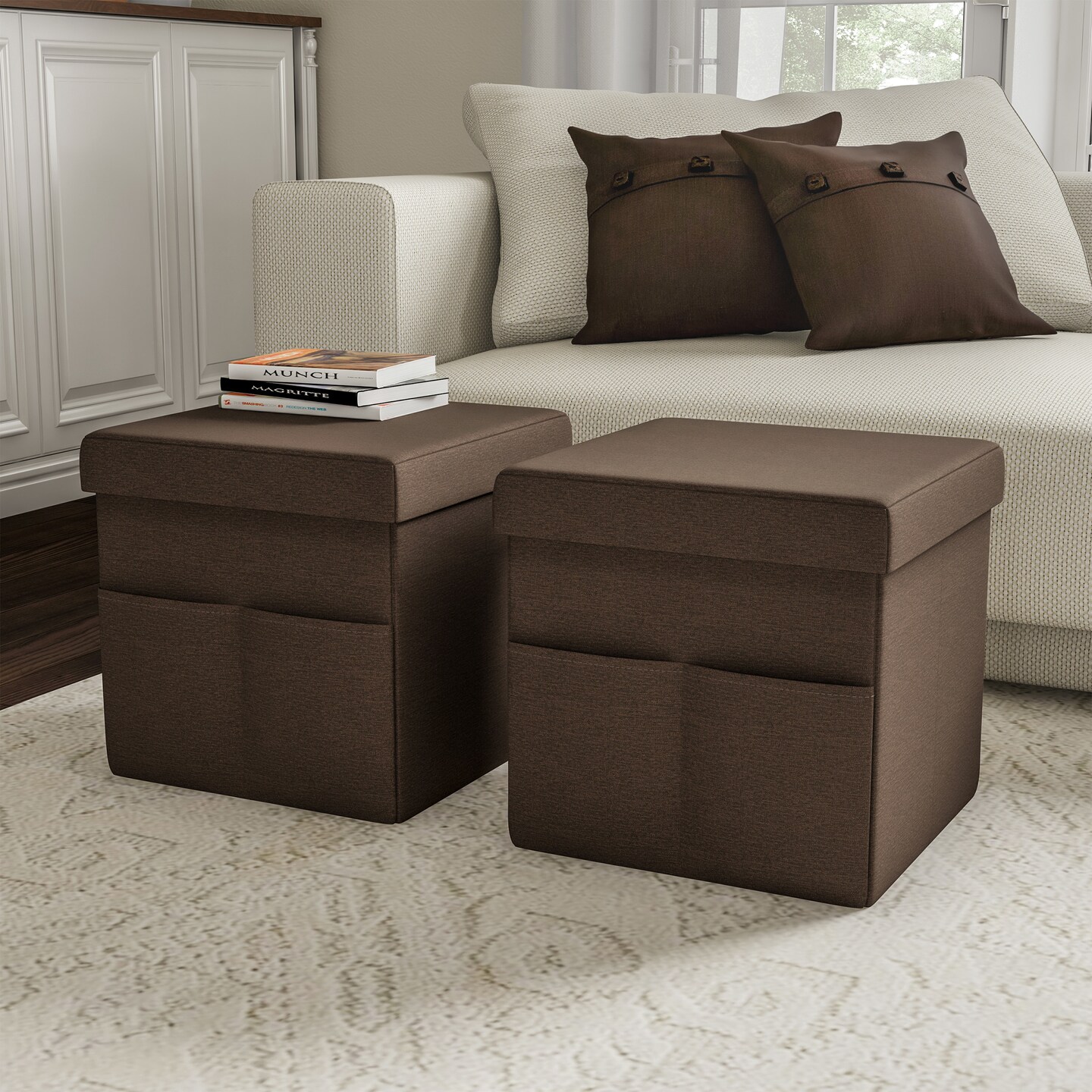 Lavish Home Foldable Storage Cube Ottoman with Pockets  Multipurpose Footrest Seat Organizer for Bedroom Living Room Dorm