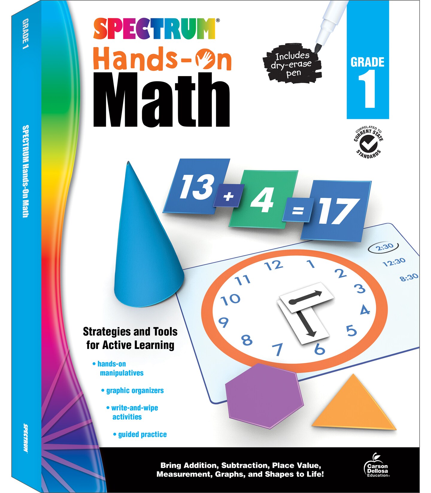 Spectrum 1st Grade Hands-On Math Workbook, Ages 6 to 7, Grade 1 Hands-On Math, Dry Erase Addition, Subtraction, Place Value, Graphs, and Geometry Workbook With Dry Erase Pen - 96 Pages
