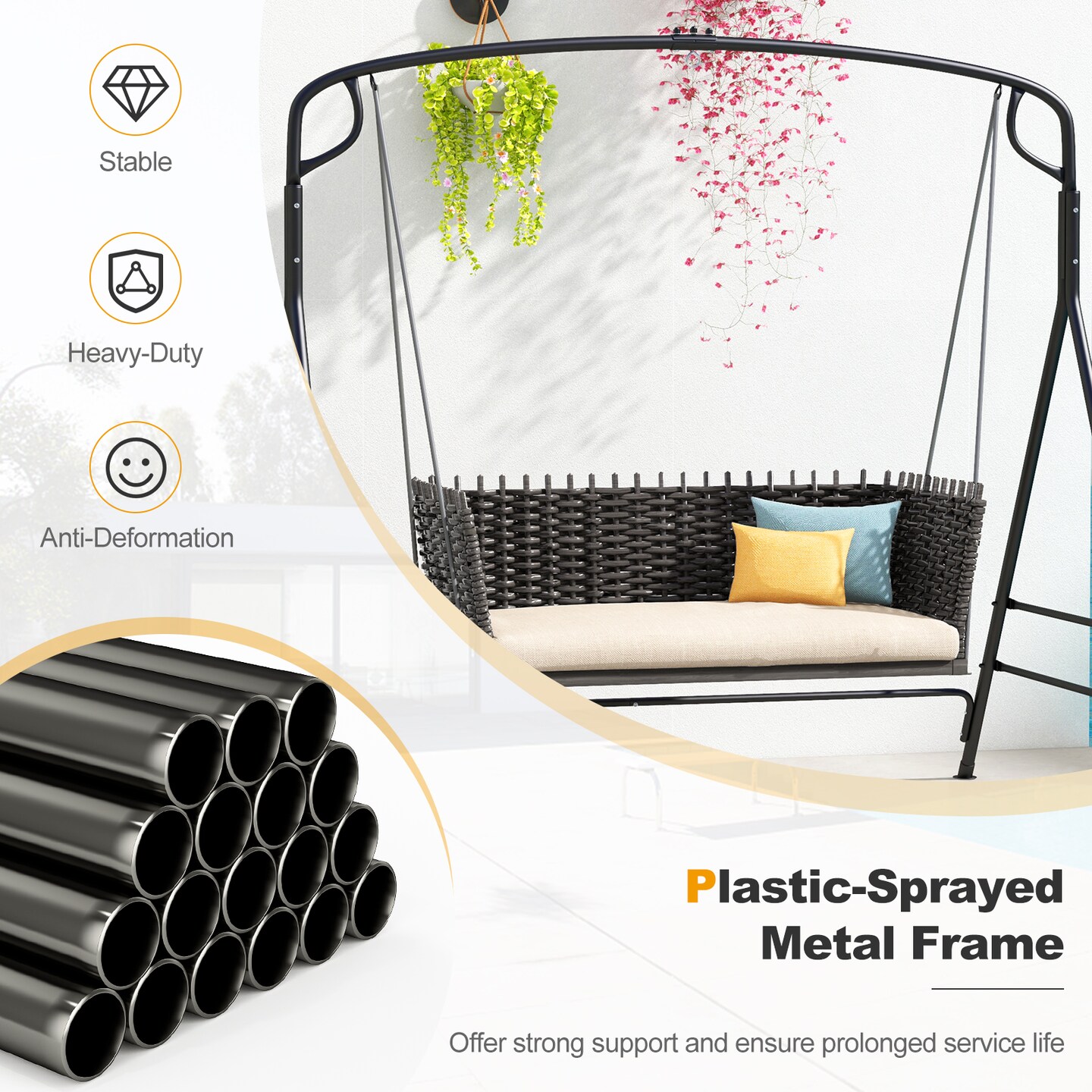 Costway Outdoor Metal Swing Frame Sturdy A-Shaped Porch Swing Stand with Extra Side Bars