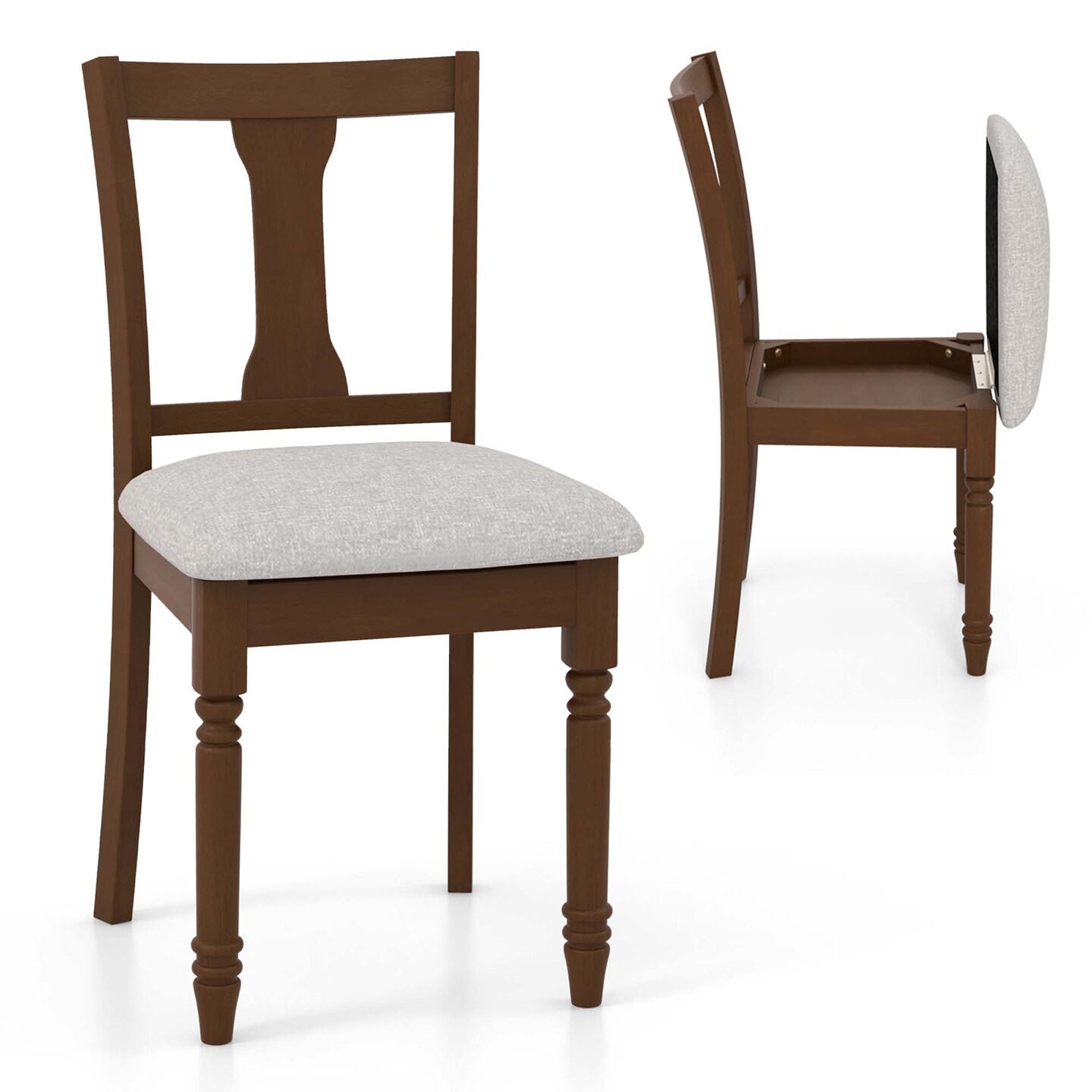 Costway 2 PCS Wood Chair Antique Upholstered Chair with Storage Space Black &#x26; Beige/Brown &#x26; Light Gray