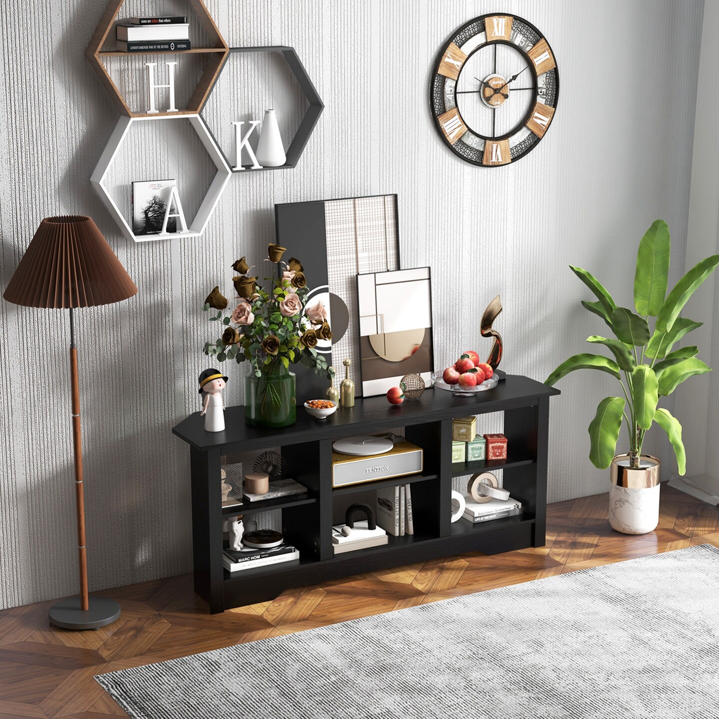 Costway 58&#x22; TV Stand with 6 Open Storage Shelves Shelf for 18 inch Fireplace(not included) Black/Grey