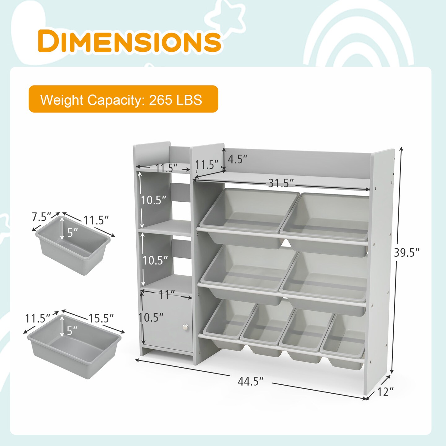 4-Tier Kids Bookshelf and Toy Storage Rack with 8 Toy Organizer Bins-Grey - 44.5&#x22; x 12&#x22; x 39.5&#x22;