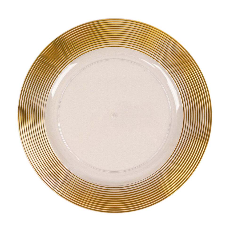 6 Clear 13&#x22; Round Plastic CHARGER PLATES Gold Lined Trim Party Events Tableware