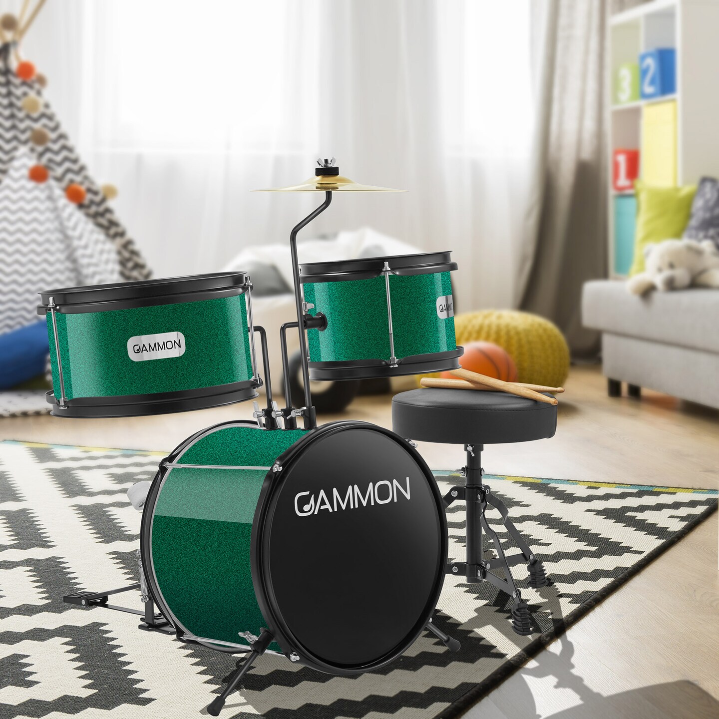 Gammon 3-Piece Junior Drum Set with Throne, Complete Beginner Kit with Bass Drum, Toms, Cymbal, Pedal, and Drumsticks