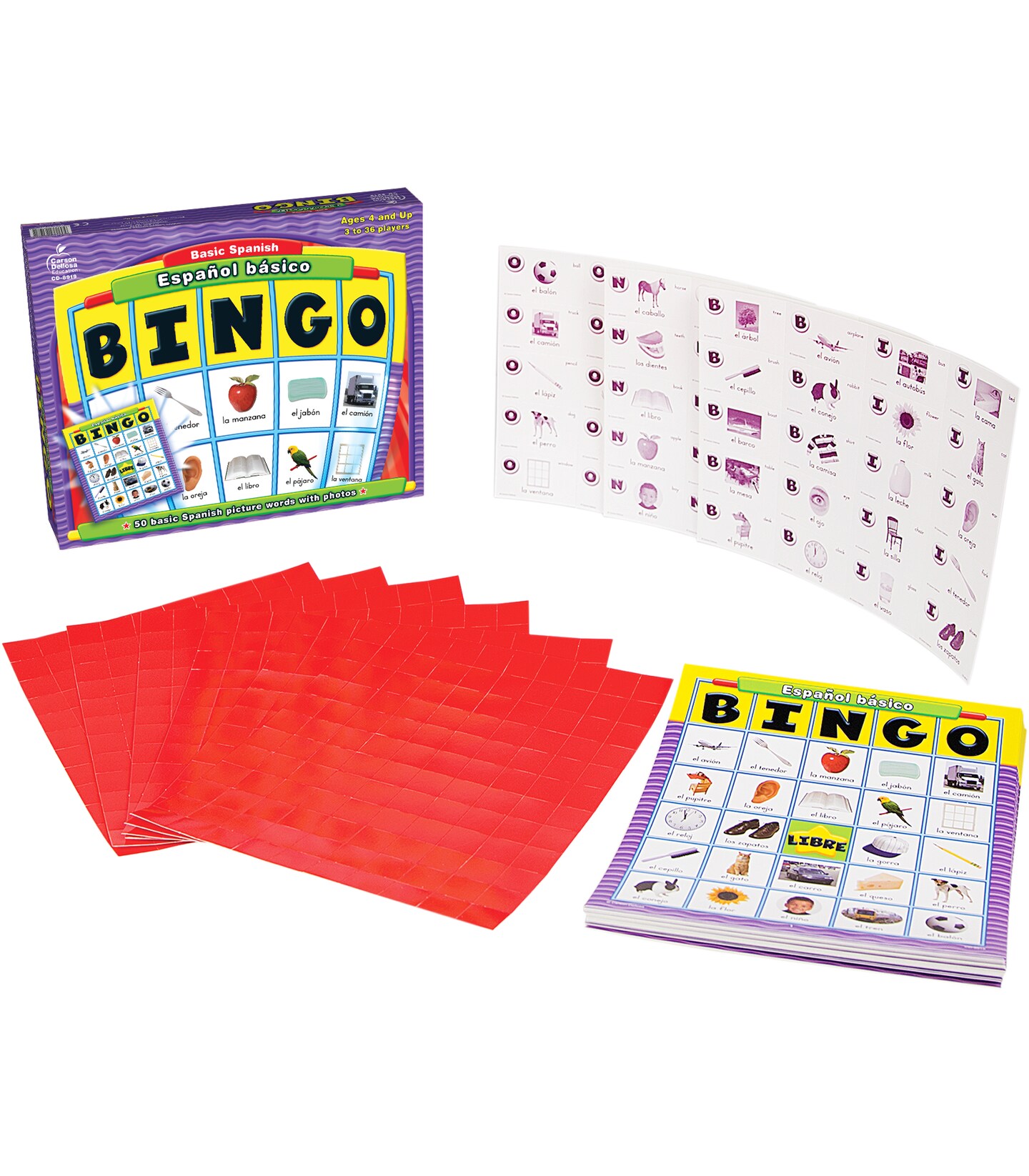 Carson Dellosa Basic Spanish Bingo Game—Learning Board Game With 50 Spanish Words With Photos, 36 Game Boards and Bingo Chips for 3-36 Players, Ages 4 and Up