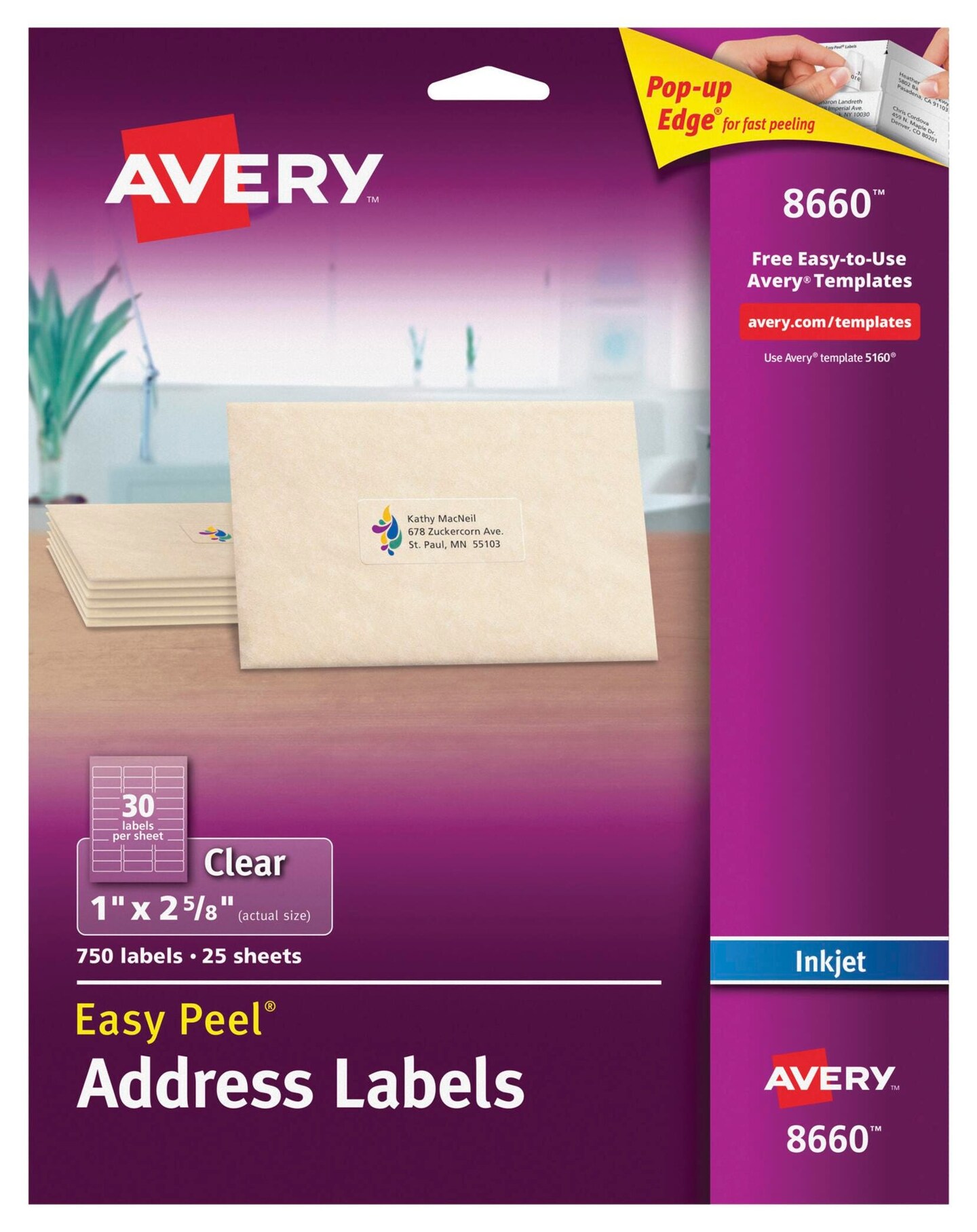 Avery Easy Peel Address Labels, Inkjet, 1 x 2-5/8 Inches, Clear, Pack of 750