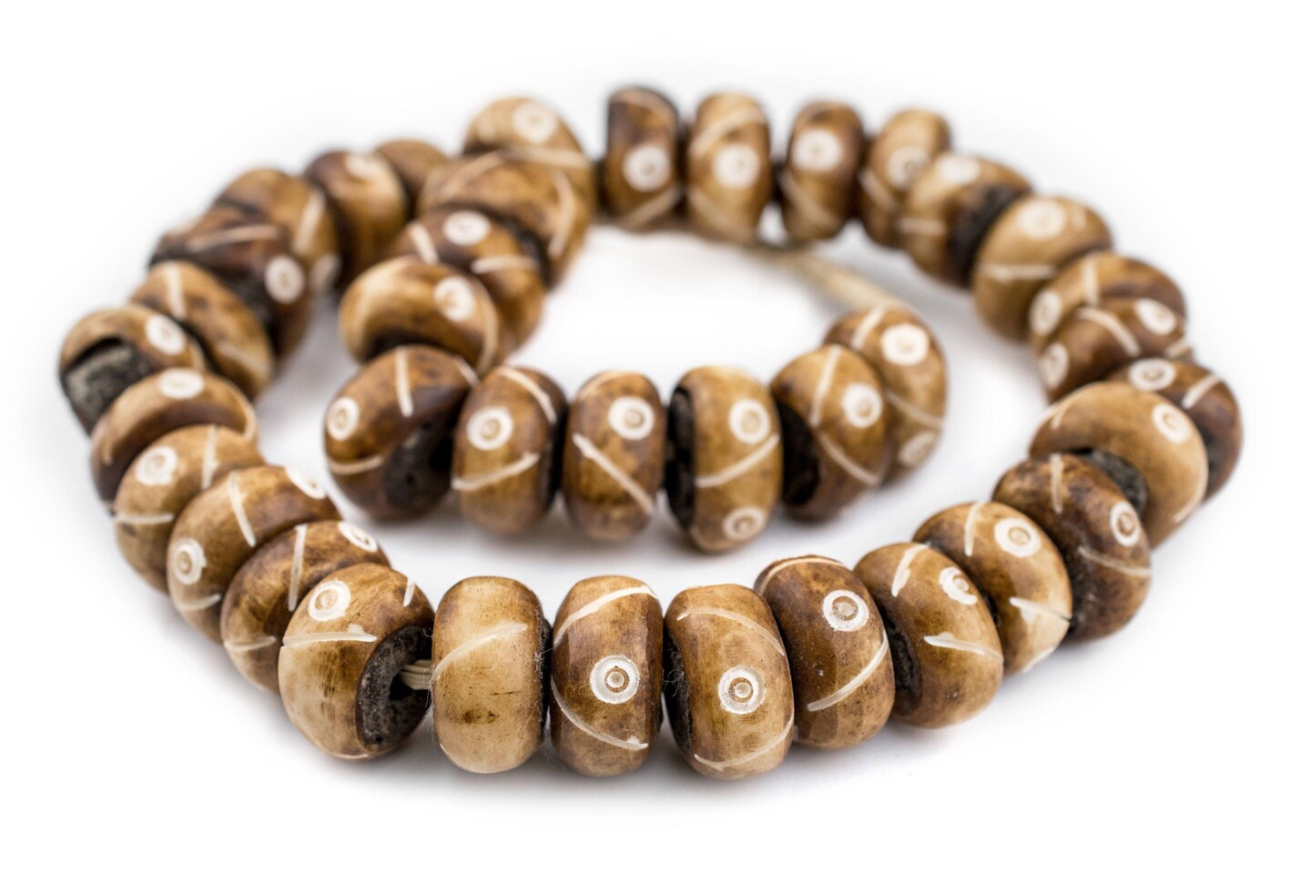 Carved Brown Bone Beads - Full Strand of Fair Trade Artisanal African Beads - The Bead Chest (Criss Cross Eye)