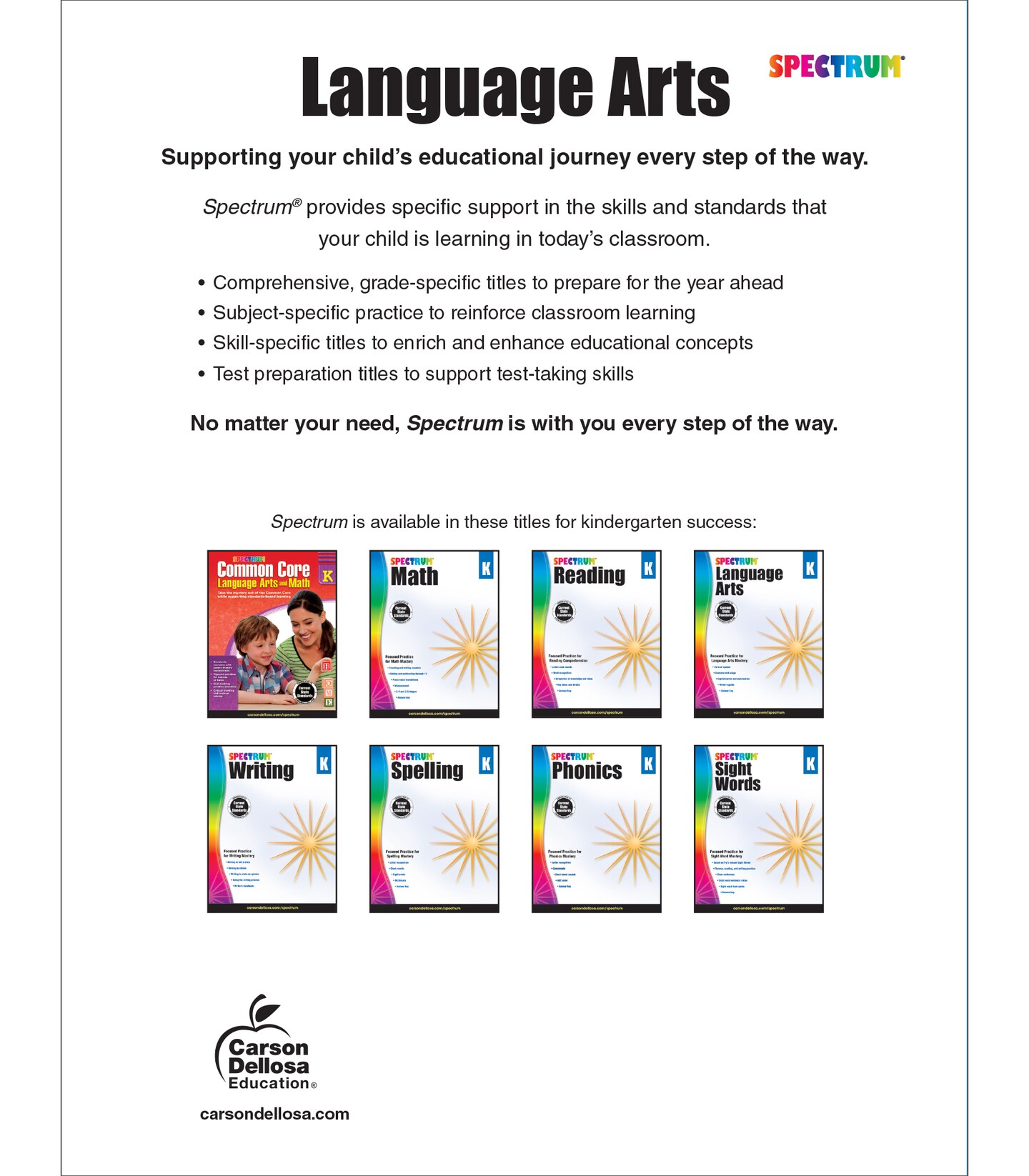 Spectrum Language Arts Kindergarten Workbook, Ages 5 to 6, Language Arts Kindergarten, ELA Writing and Grammar Practice With Writer&#x27;s Guide and Answer Key - 128 Pages