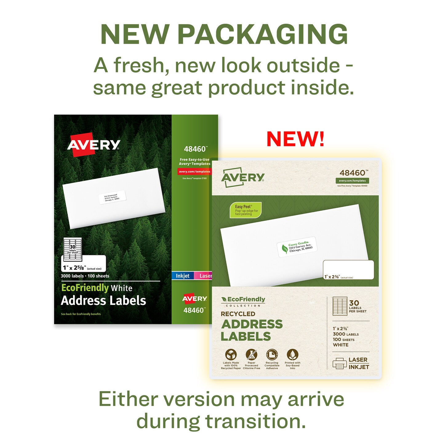 Avery EcoFriendly Recycled Address Labels, 1&#x22; x 2-5/8&#x22;, White, Permanent Label Adhesive, 3,000 Printable Labels (48460)