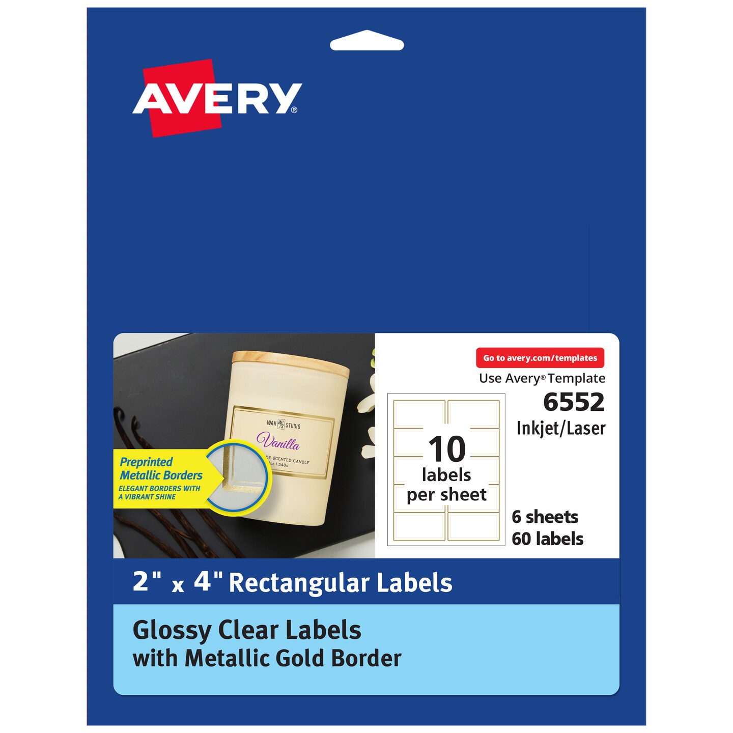 Avery Printable Glossy Clear Labels, 2" x 4" Rectangle Labels, Clear with Metallic Gold Border, Permanent Adhesive, Laser & Inkjet Compatible, 60 Blank Labels (6552)